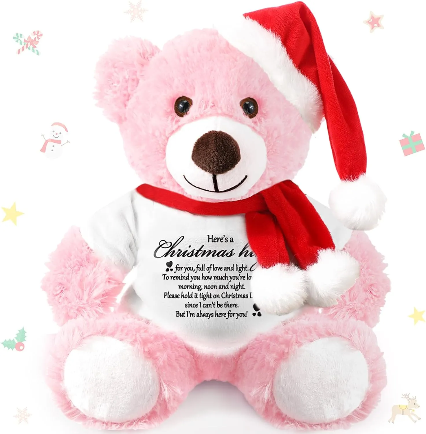 Lenwen Christmas Bear 2025 Night Before Christmas Stuffed Animal Hug Gift Inspirational Get Well Soon Gift Thinking of You Bear for Women Kids Adult, 13.78 Inch(Pink)