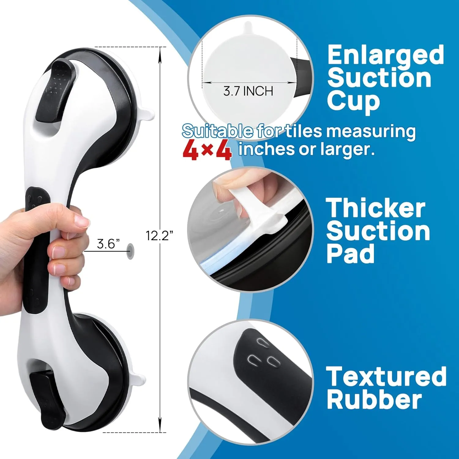 LEVERLOC Grab Bars for Bathtubs and Showers 2 Pack Suction Grab Bar, Heavy Duty 12 Inch Shower Handle Removable Handrails for Seniors and Elderly, Bathroom Safety Grip No Drilling Waterproof Black