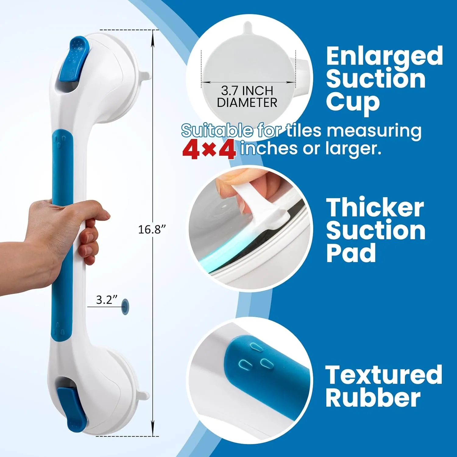 LEVERLOC Grab Bars for Bathtubs and Showers, Shower Handle 17 Inch Strong Suction Bath Handrails, Safety Grip for Bathroom Chair, Bathroom Grab Bar for Senior No Drilling Waterproof,Blue