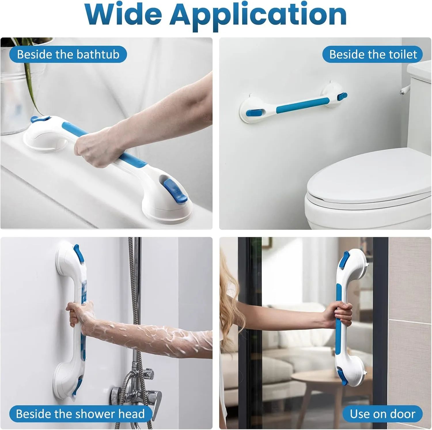 LEVERLOC Grab Bars for Bathtubs and Showers, Shower Handle 17 Inch Strong Suction Bath Handrails, Safety Grip for Bathroom Chair, Bathroom Grab Bar for Senior No Drilling Waterproof,Blue