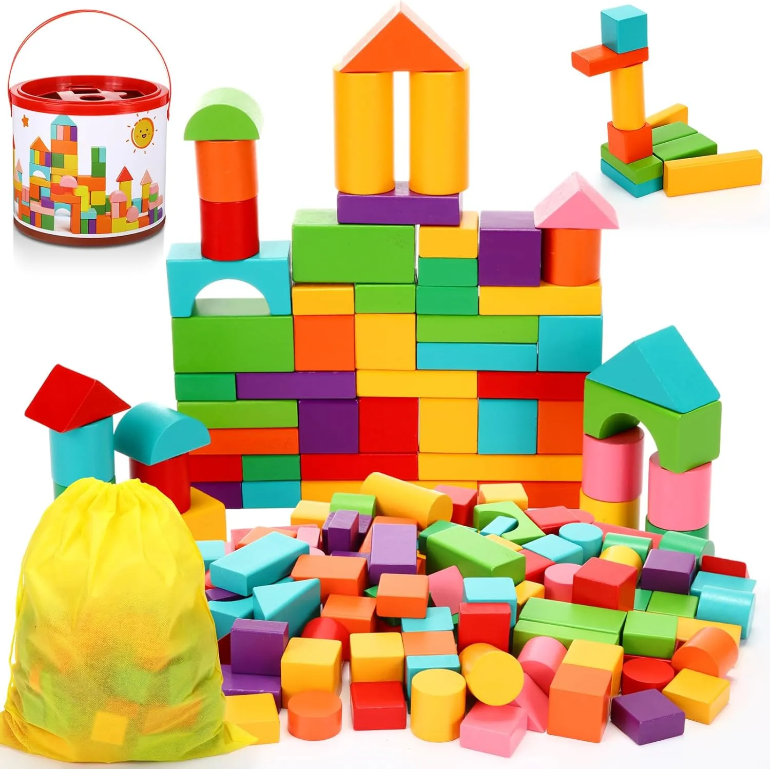 Libima 100 Pcs Wood Building Blocks for Toddlers 2-4 Years with Storage Container Wooden Building Blocks Preschool Block Learning Toys