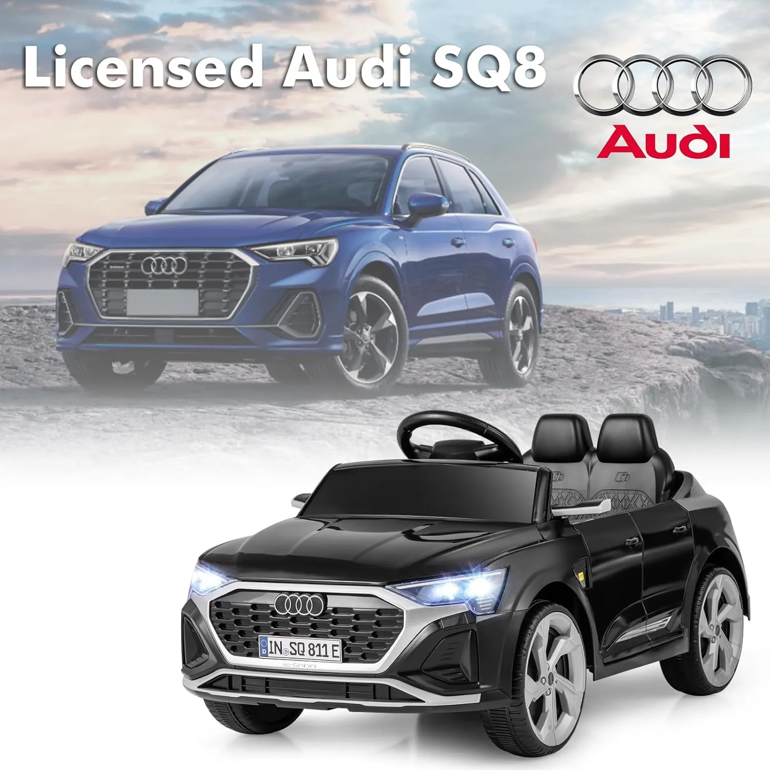 Licensed Audi SQ8 Ride on Car by INFANS, Battery Powered Electric Vehicle for with Remote Control, Adjustable Music, LED Lights, Suspension, Driving Toy Gift for Kids Toddler Age 3  (Black)