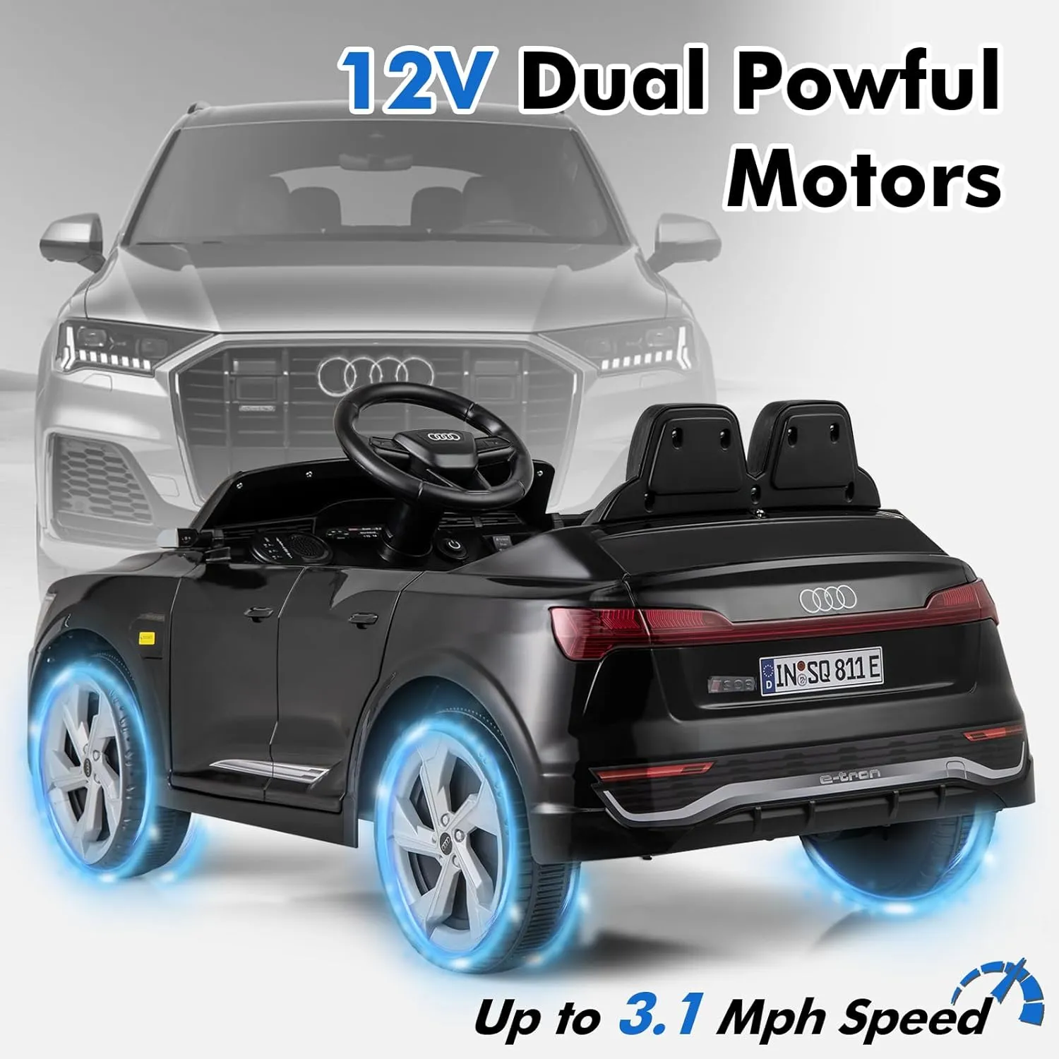 Licensed Audi SQ8 Ride on Car by INFANS, Battery Powered Electric Vehicle for with Remote Control, Adjustable Music, LED Lights, Suspension, Driving Toy Gift for Kids Toddler Age 3  (Black)