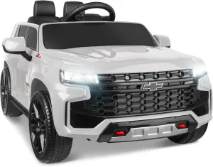 Licensed Chevrolet Tahoe SUV 12V7AH Battery Powered Ride On Toy Car for Kids, Electric Car with Remote Control, LED Lights, Bluetooth Music, Horn, 3 Speeds (White)