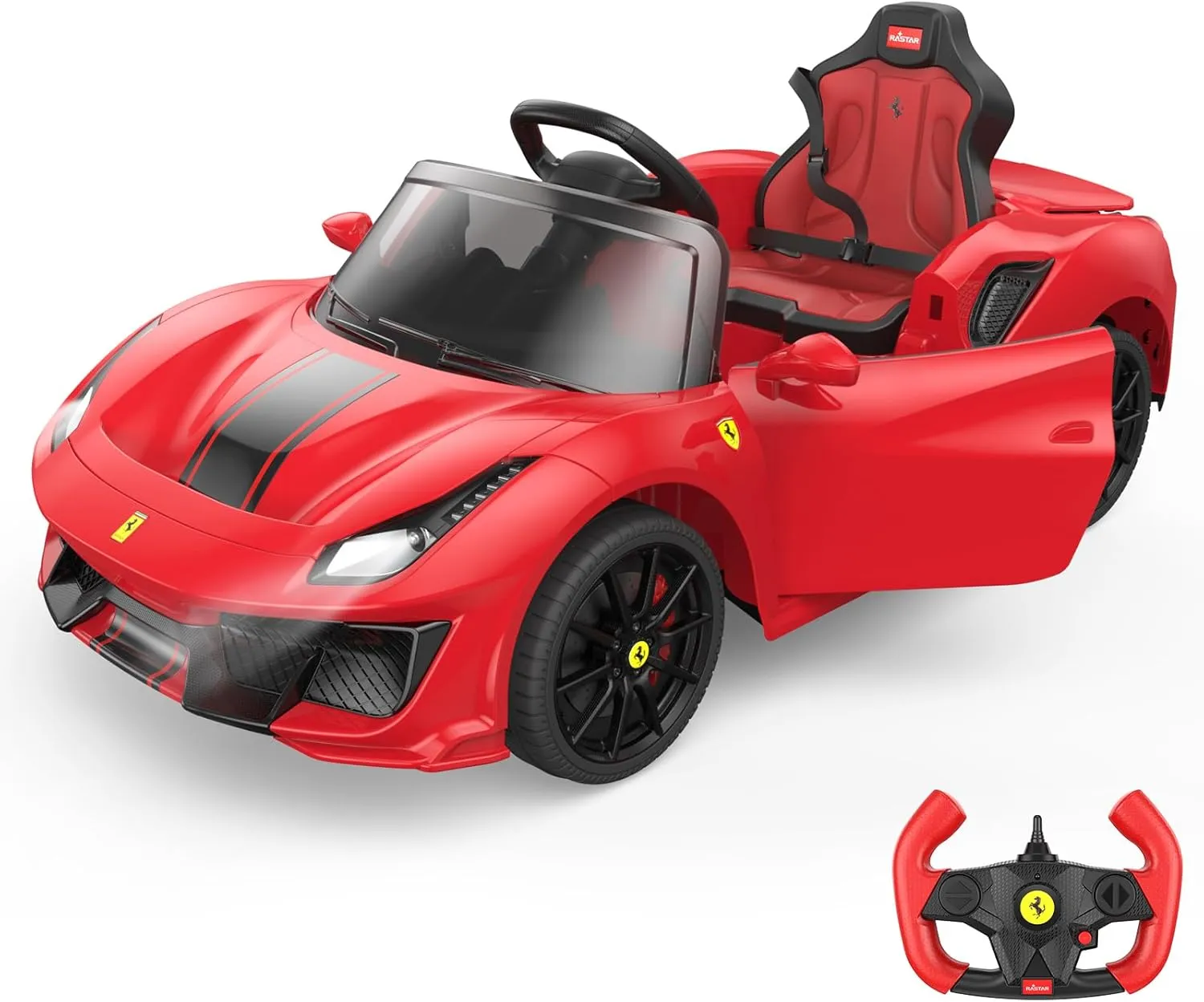 Licensed Ferrari 488 Pista Spider Ride On Car with Speaker, 12V Battery Powered Kids Electric Car, Remote Control, Openable Doors, Leather Seat, Braking System, Spring Suspension, Light, Red