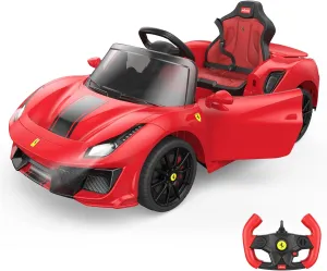 Licensed Ferrari 488 Pista Spider Ride On Car with Speaker, 12V Battery Powered Kids Electric Car, Remote Control, Openable Doors, Leather Seat, Braking System, Spring Suspension, Light, Red