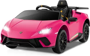 Licensed Lamborghini Huracan Ride on Car by OLAKIDS, 12V Kids Electric Vehicle with Remote Control, Toddlers Battery Powered Toy with 2 Speeds, Wheels Suspension, Music, Bluetooth, USB, FM (Pink)