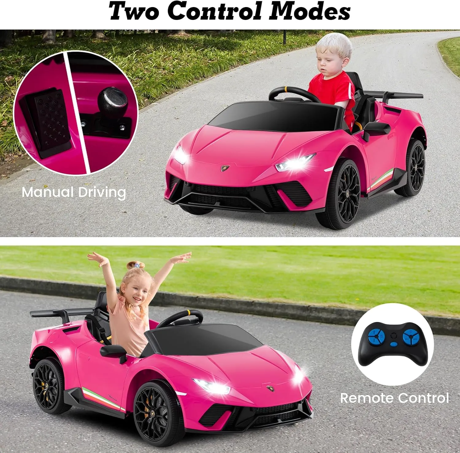 Licensed Lamborghini Huracan Ride on Car by OLAKIDS, 12V Kids Electric Vehicle with Remote Control, Toddlers Battery Powered Toy with 2 Speeds, Wheels Suspension, Music, Bluetooth, USB, FM (Pink)