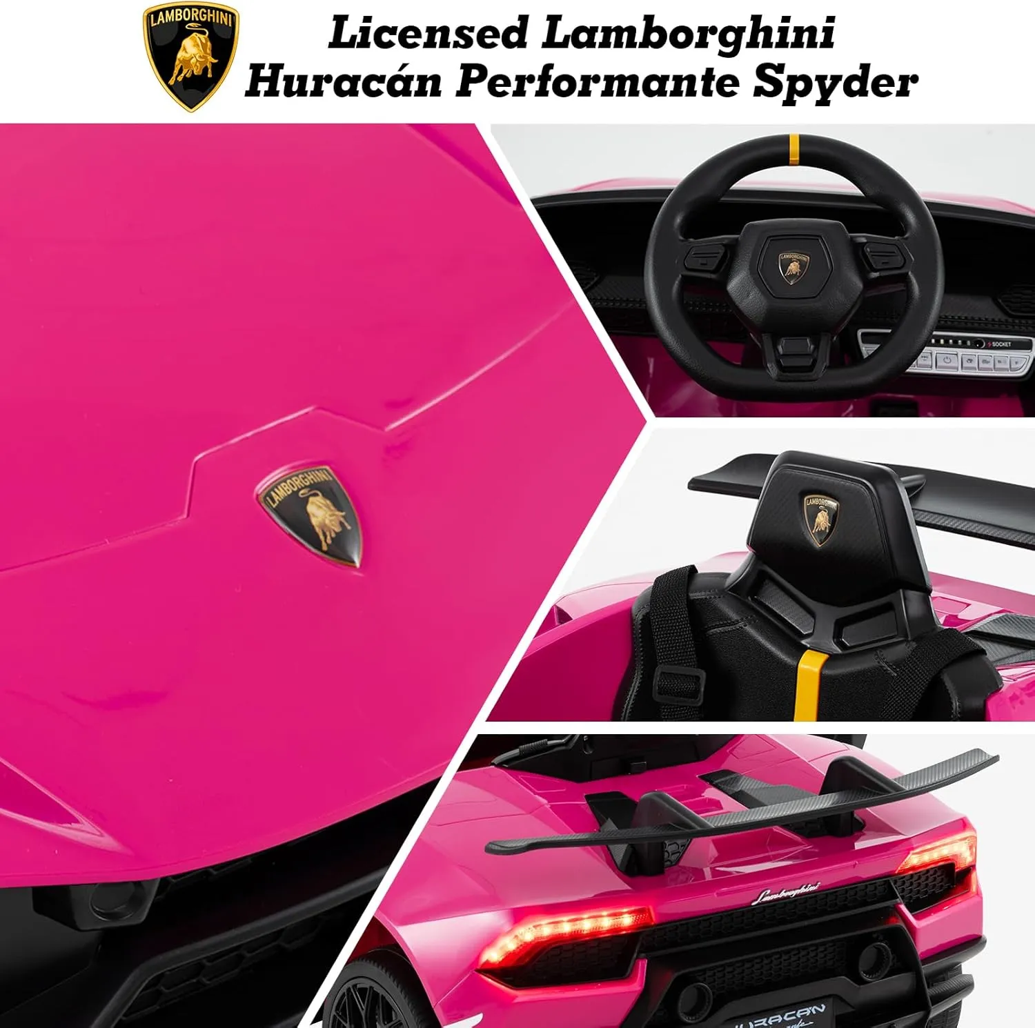 Licensed Lamborghini Huracan Ride on Car by OLAKIDS, 12V Kids Electric Vehicle with Remote Control, Toddlers Battery Powered Toy with 2 Speeds, Wheels Suspension, Music, Bluetooth, USB, FM (Pink)