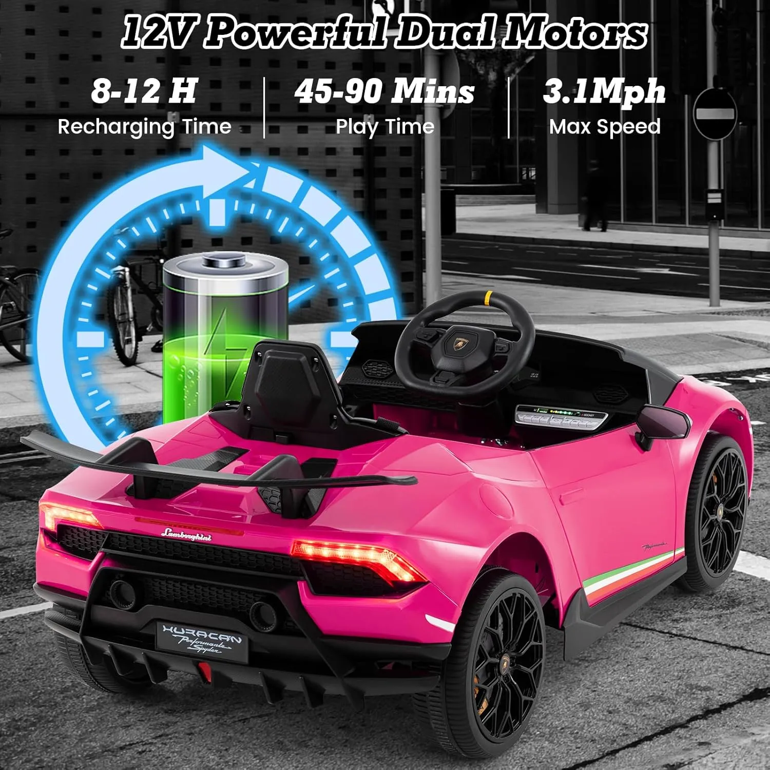 Licensed Lamborghini Huracan Ride on Car by OLAKIDS, 12V Kids Electric Vehicle with Remote Control, Toddlers Battery Powered Toy with 2 Speeds, Wheels Suspension, Music, Bluetooth, USB, FM (Pink)