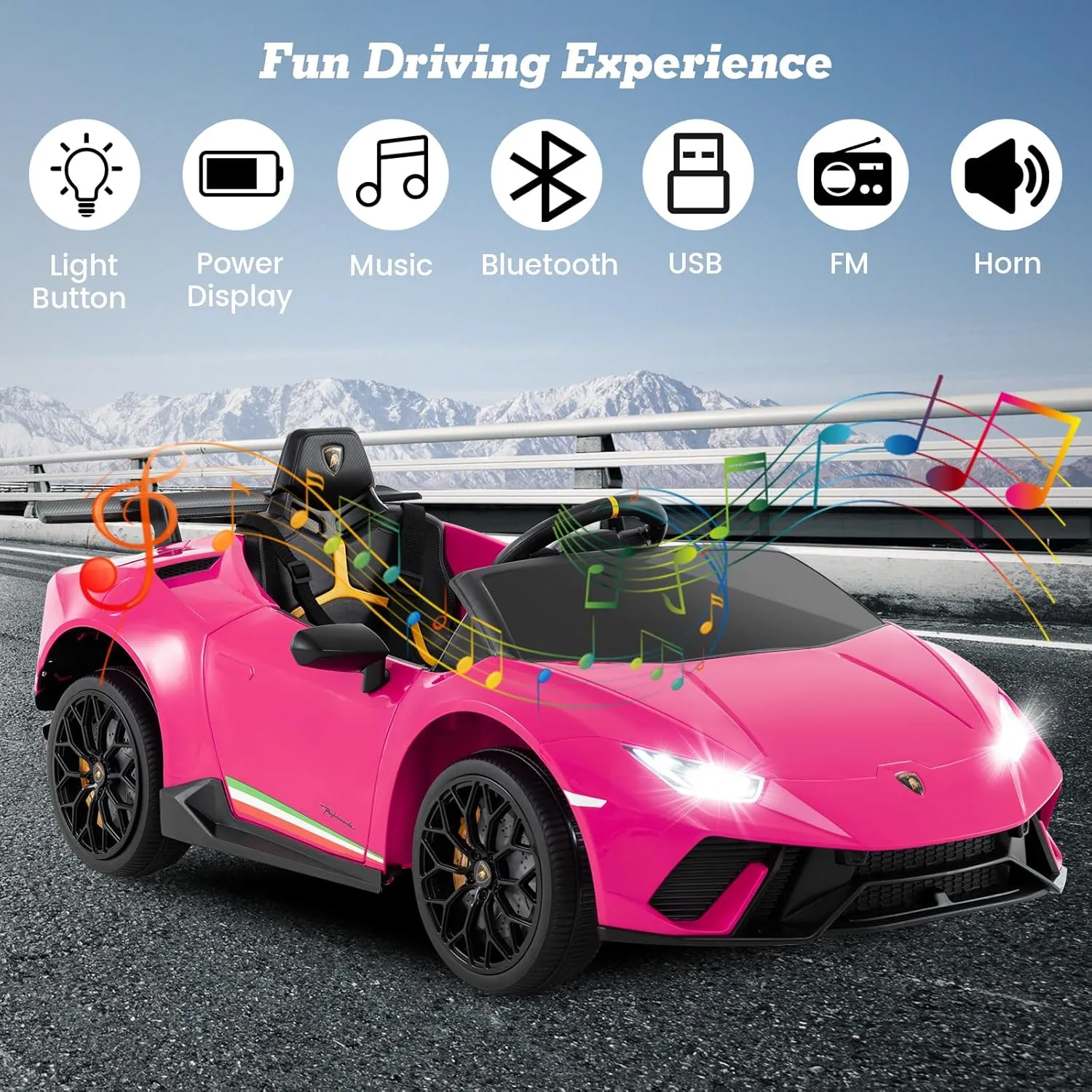 Licensed Lamborghini Huracan Ride on Car by OLAKIDS, 12V Kids Electric Vehicle with Remote Control, Toddlers Battery Powered Toy with 2 Speeds, Wheels Suspension, Music, Bluetooth, USB, FM (Pink)