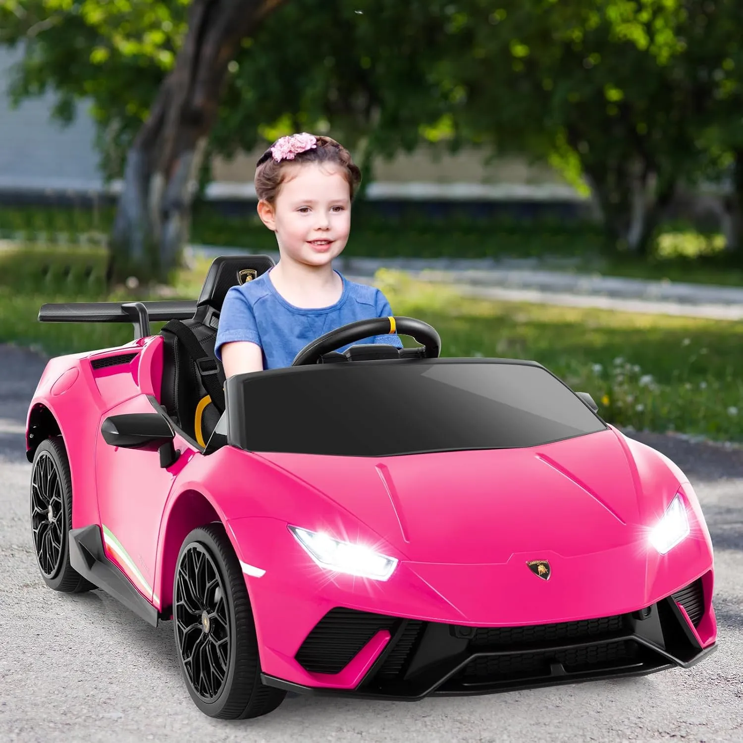 Licensed Lamborghini Huracan Ride on Car by OLAKIDS, 12V Kids Electric Vehicle with Remote Control, Toddlers Battery Powered Toy with 2 Speeds, Wheels Suspension, Music, Bluetooth, USB, FM (Pink)