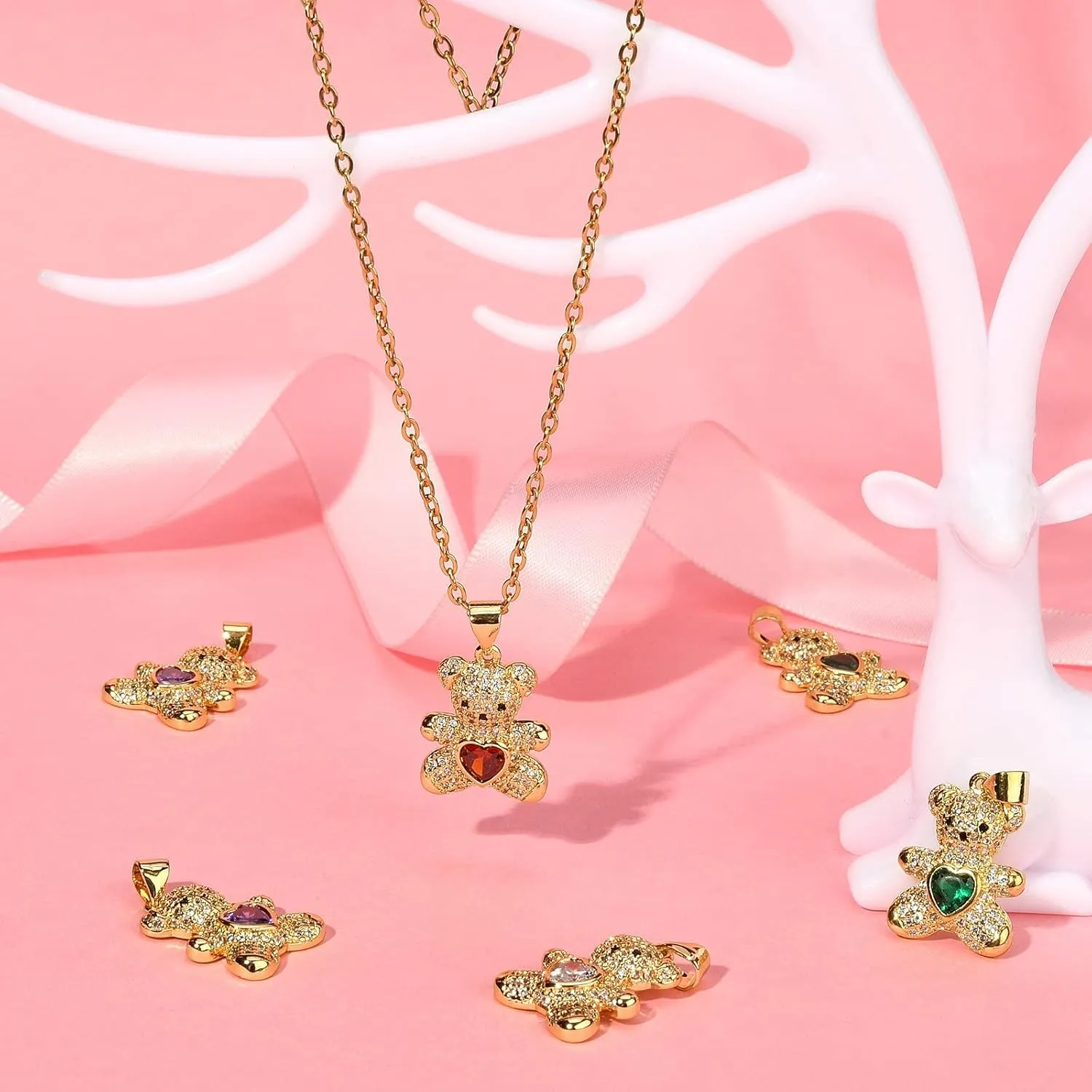 LiQunSweet 10 Pcs Pave Cubic Zirconia CZ Stone Charms Bear with Sweet Love Heart Charm for Jewelry Making