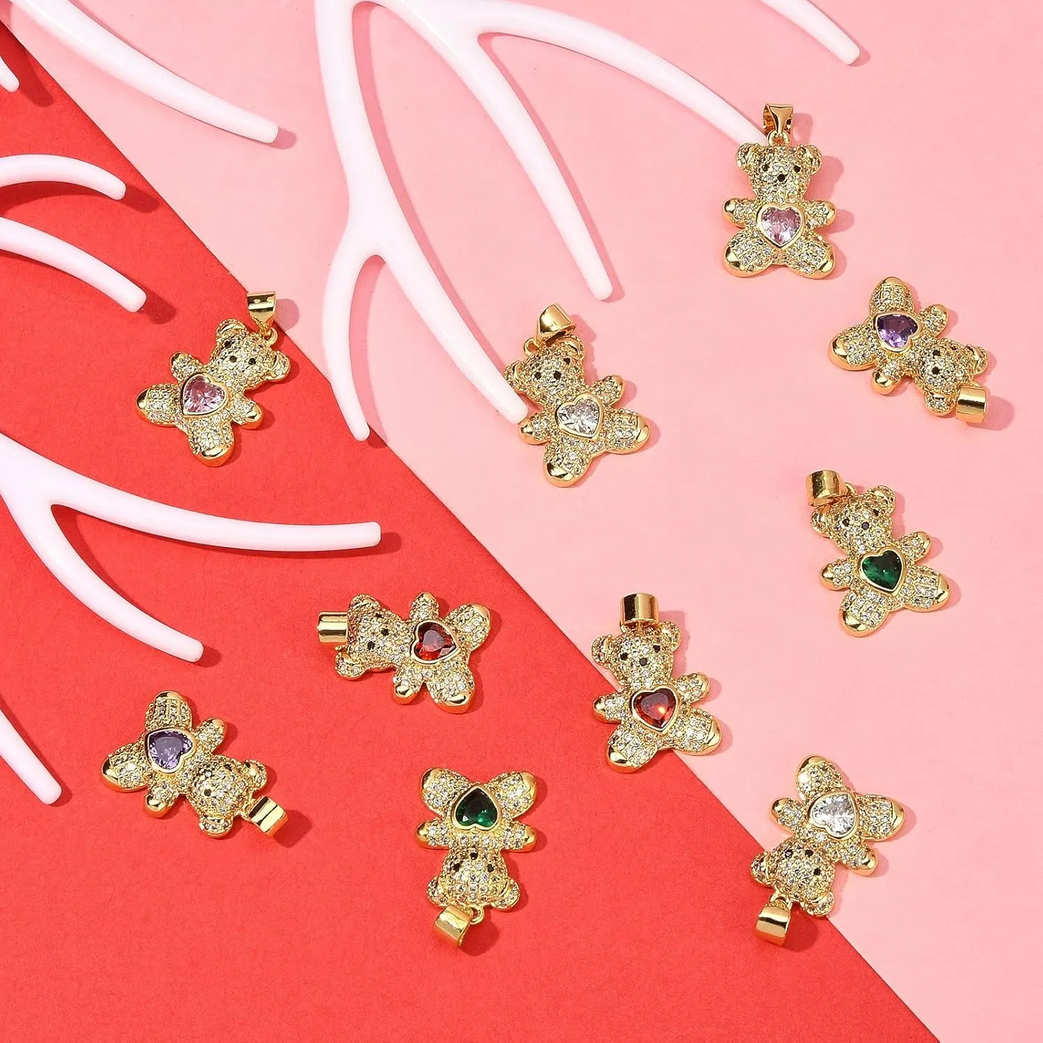 LiQunSweet 10 Pcs Pave Cubic Zirconia CZ Stone Charms Bear with Sweet Love Heart Charm for Jewelry Making