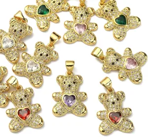 LiQunSweet 10 Pcs Pave Cubic Zirconia CZ Stone Charms Bear with Sweet Love Heart Charm for Jewelry Making