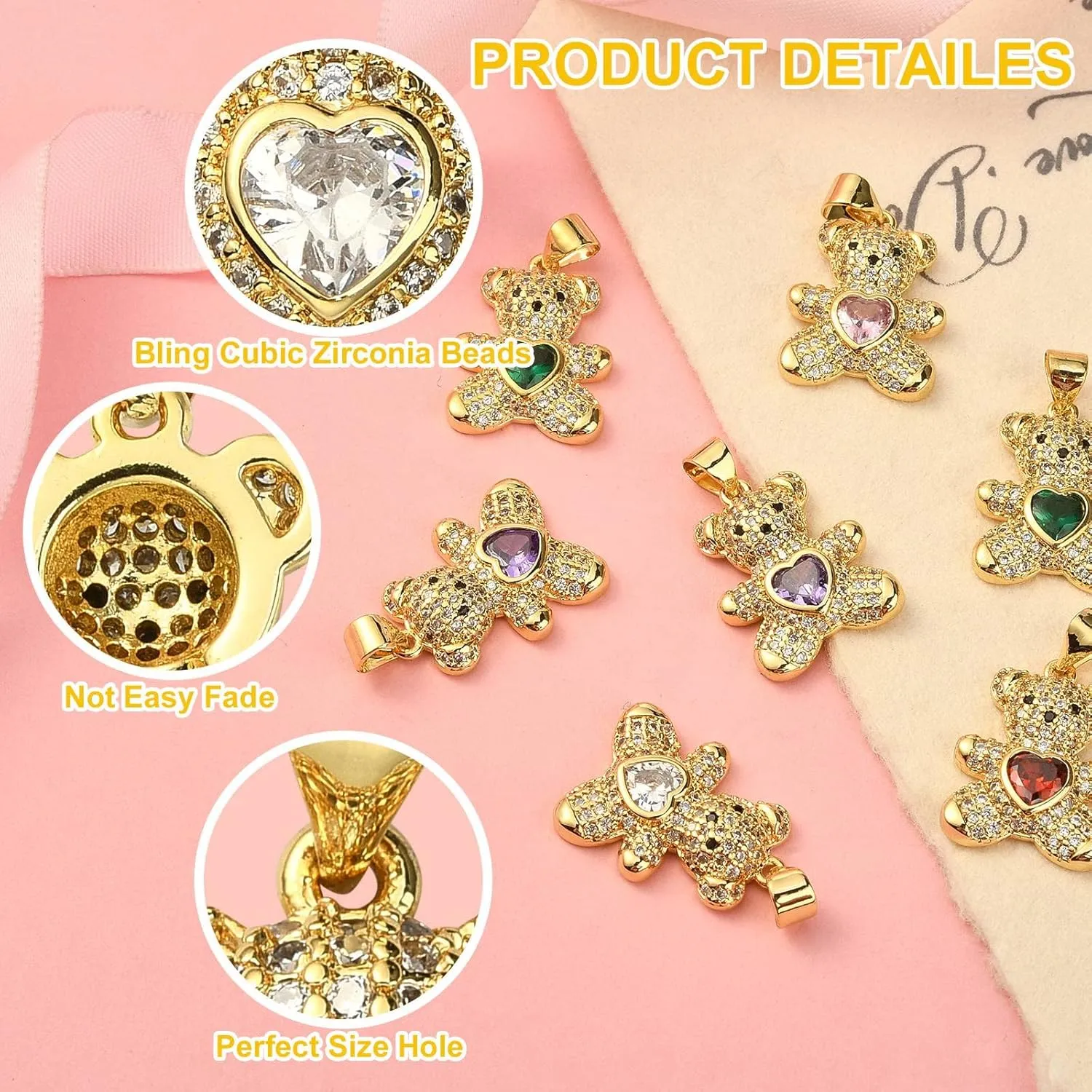 LiQunSweet 10 Pcs Pave Cubic Zirconia CZ Stone Charms Bear with Sweet Love Heart Charm for Jewelry Making