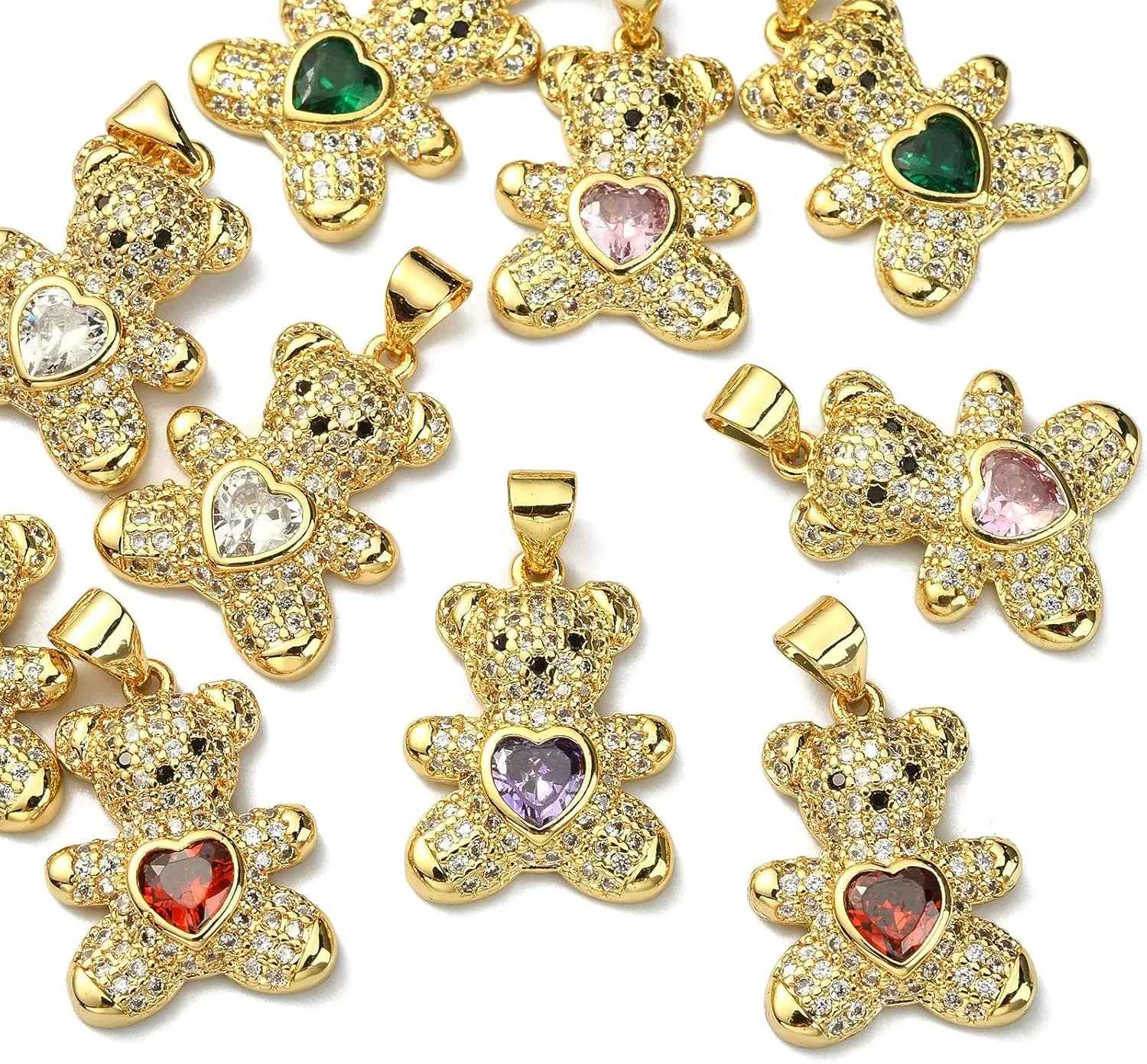 LiQunSweet 10 Pcs Pave Cubic Zirconia CZ Stone Charms Bear with Sweet Love Heart Charm for Jewelry Making