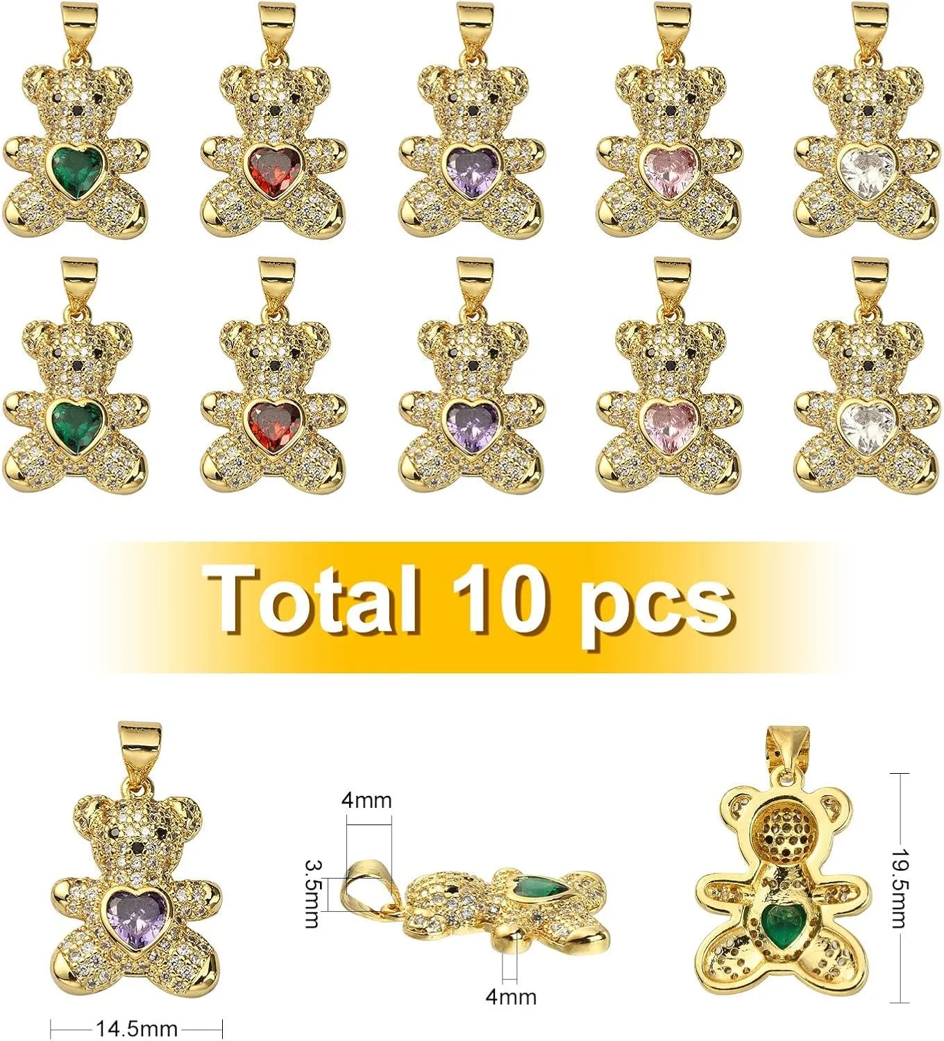 LiQunSweet 10 Pcs Pave Cubic Zirconia CZ Stone Charms Bear with Sweet Love Heart Charm for Jewelry Making