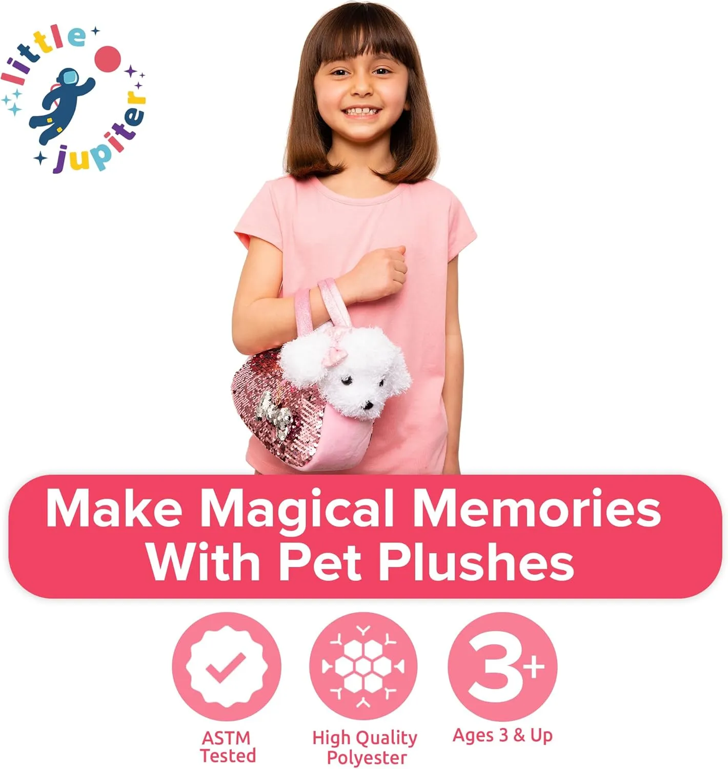 Little Jupiter Pet Plush Set with Purse w/Reversible Sequins & Charm - Stuffed Animal Toy for Kids Ages 4-5 - 6-7 - Stuffed Animal Purse - Stuffed Animals for Girls - (White Labradoodle)