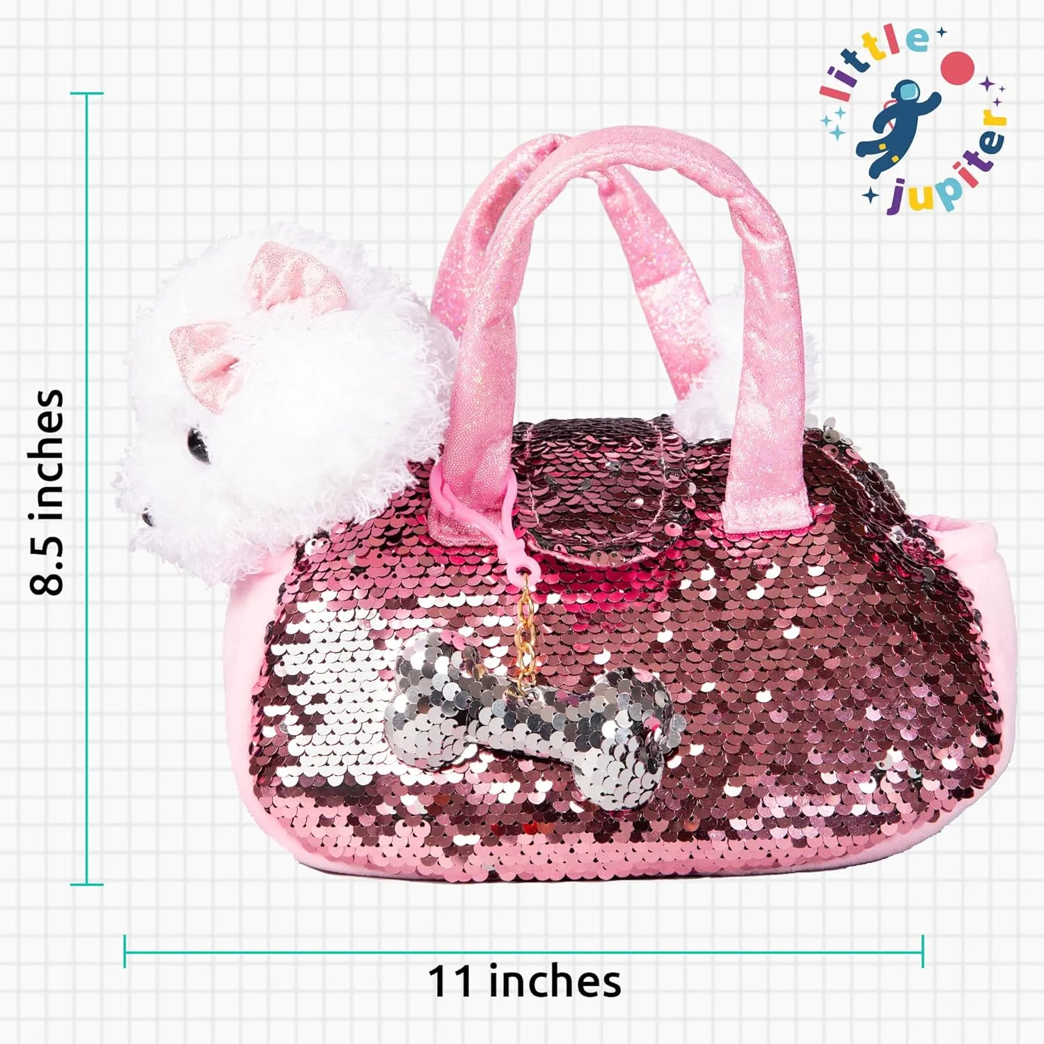 Little Jupiter Pet Plush Set with Purse w/Reversible Sequins & Charm - Stuffed Animal Toy for Kids Ages 4-5 - 6-7 - Stuffed Animal Purse - Stuffed Animals for Girls - (White Labradoodle)