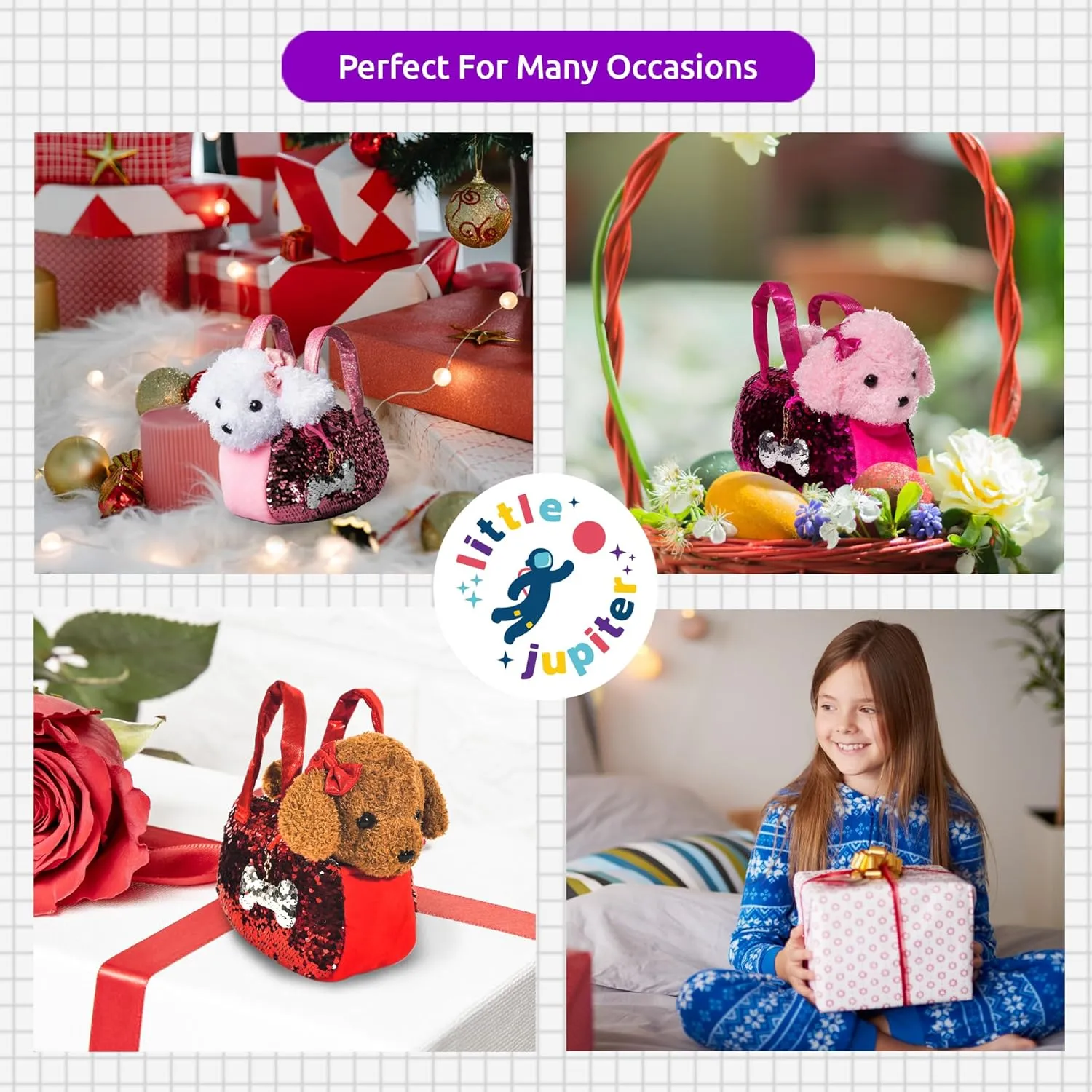 Little Jupiter Pet Plush Set with Purse w/Reversible Sequins & Charm - Stuffed Animal Toy for Kids Ages 4-5 - 6-7 - Stuffed Animal Purse - Stuffed Animals for Girls - (White Labradoodle)