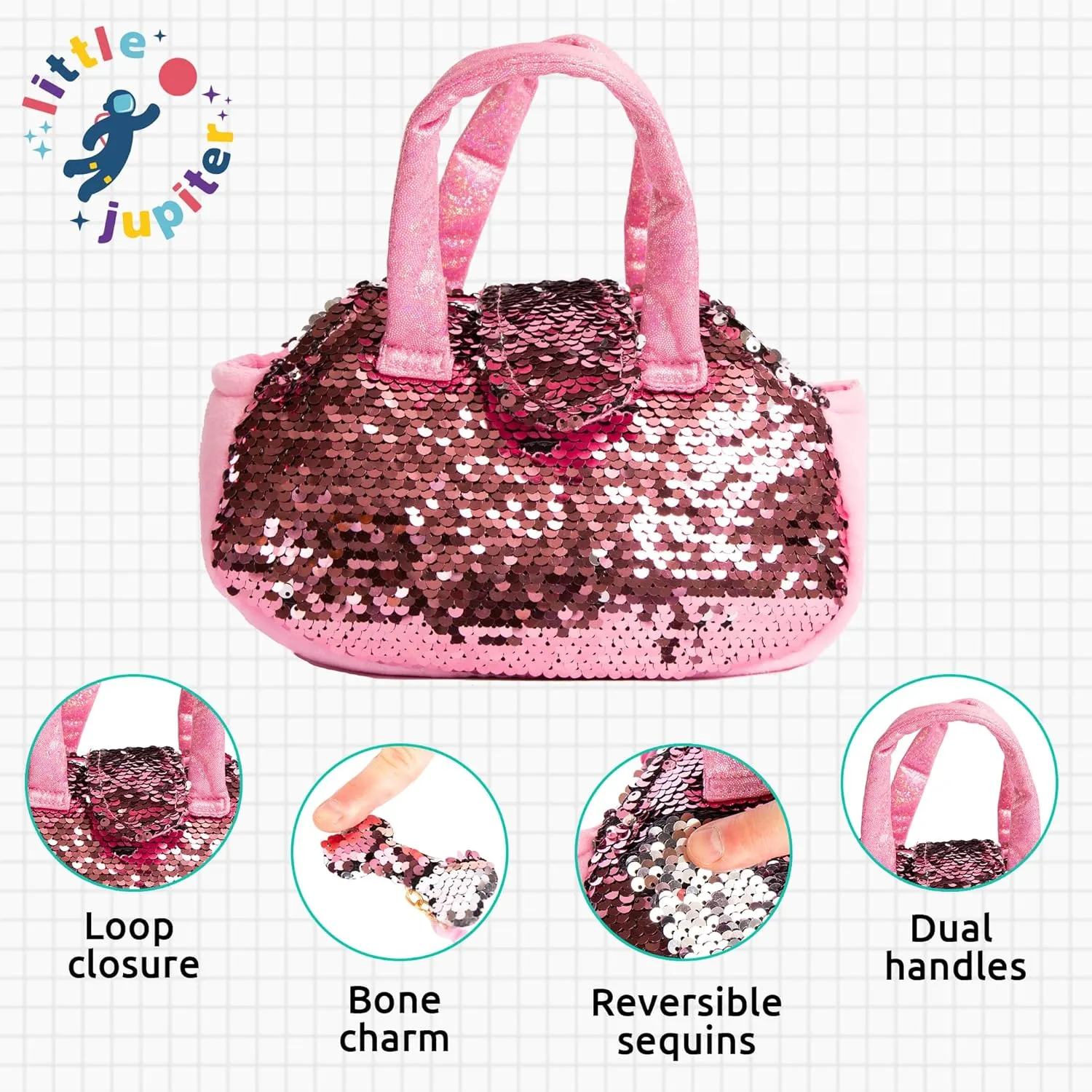 Little Jupiter Pet Plush Set with Purse w/Reversible Sequins & Charm - Stuffed Animal Toy for Kids Ages 4-5 - 6-7 - Stuffed Animal Purse - Stuffed Animals for Girls - (White Labradoodle)