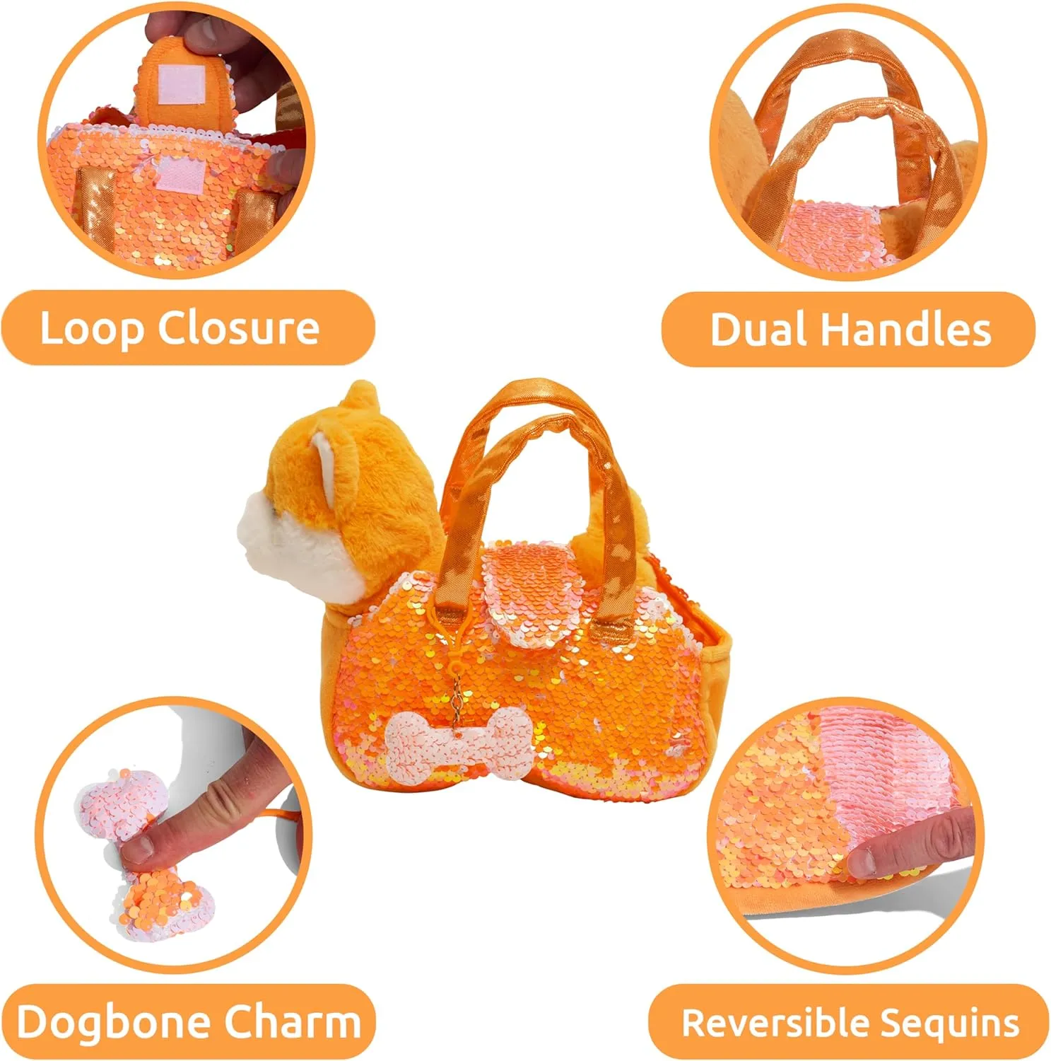 Little Jupiter Pet Plush Set with Purse w/Reversible Sequins & Charm - Stuffed Animal Toy for Kids Ages 4-7 - Stuffed Animal Purse - Stuffed Animals for Girls - (Orange Shiba Inu)