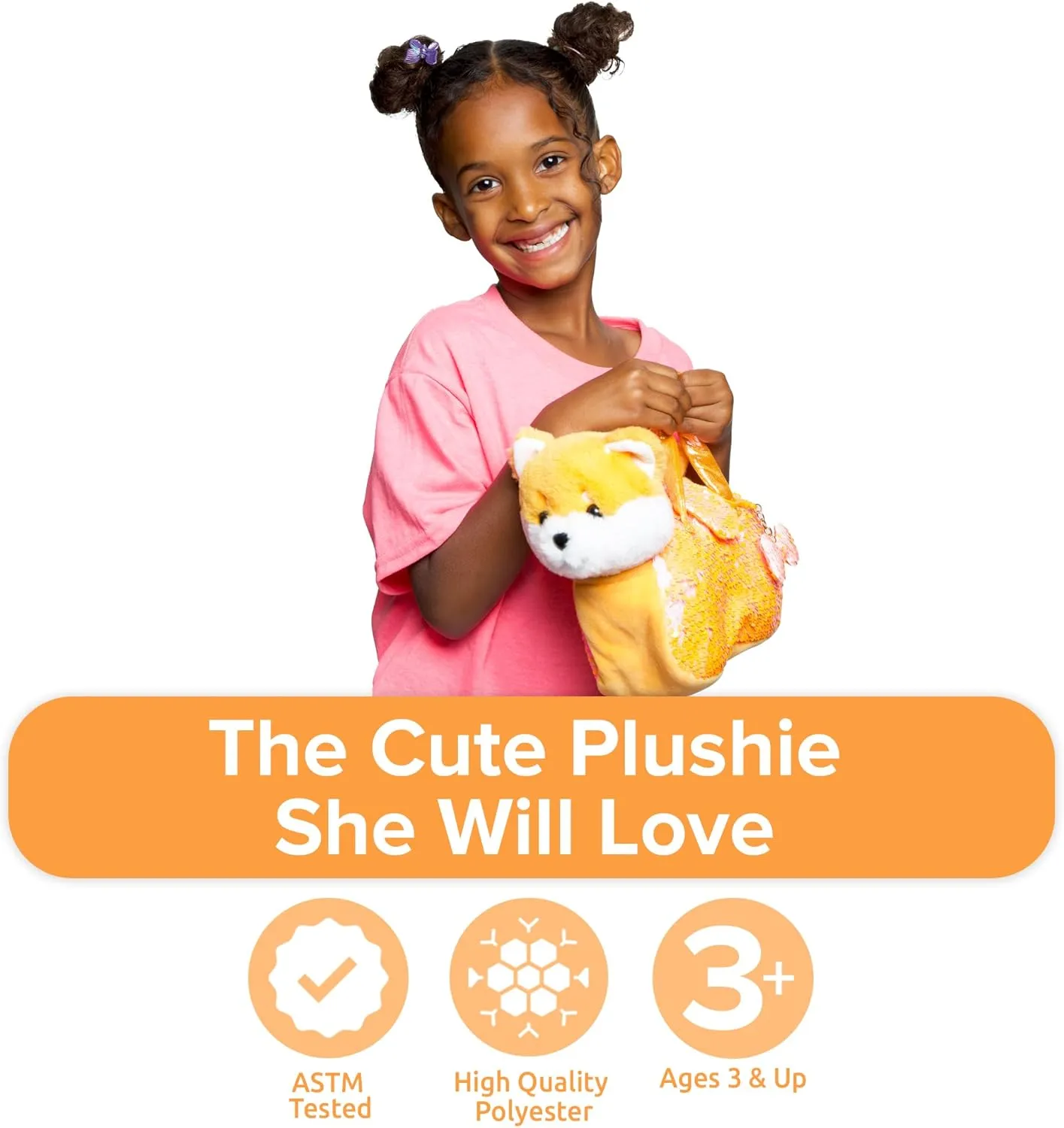 Little Jupiter Pet Plush Set with Purse w/Reversible Sequins & Charm - Stuffed Animal Toy for Kids Ages 4-7 - Stuffed Animal Purse - Stuffed Animals for Girls - (Orange Shiba Inu)