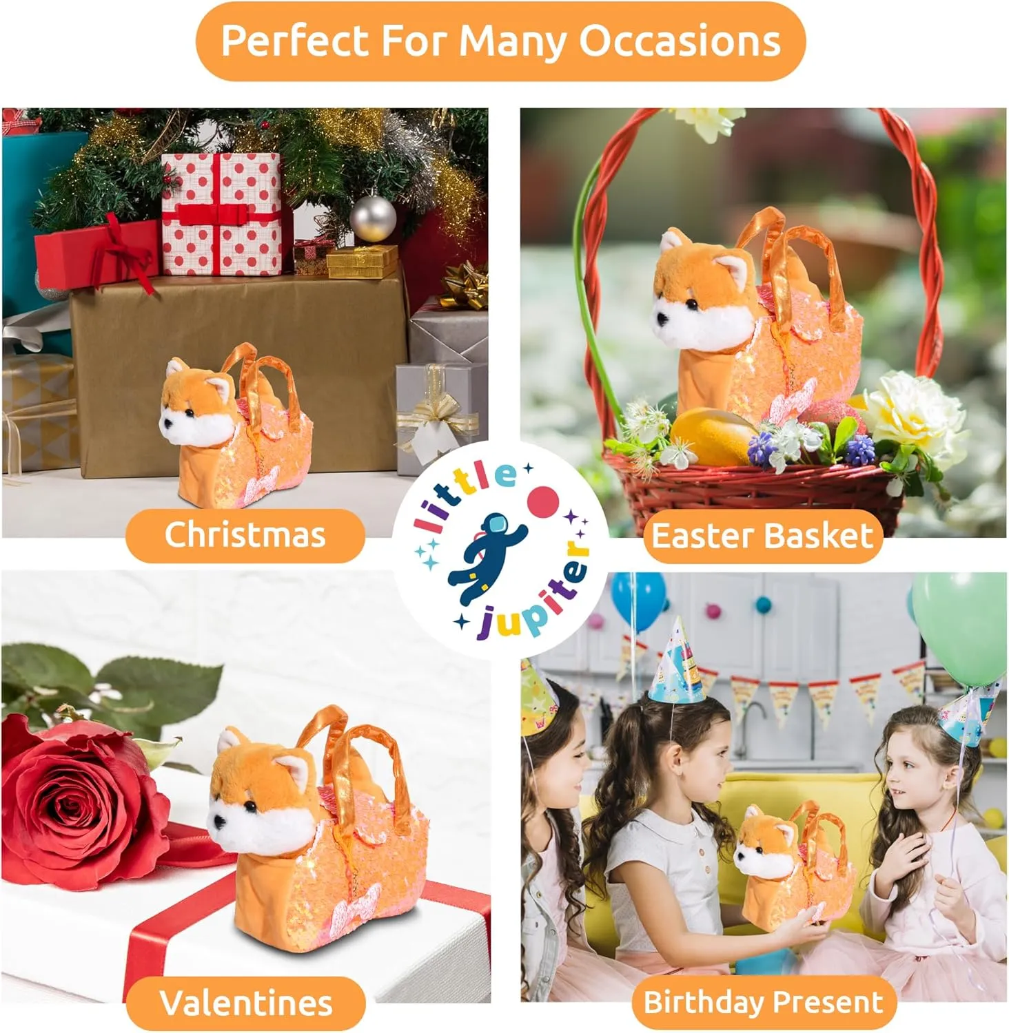 Little Jupiter Pet Plush Set with Purse w/Reversible Sequins & Charm - Stuffed Animal Toy for Kids Ages 4-7 - Stuffed Animal Purse - Stuffed Animals for Girls - (Orange Shiba Inu)