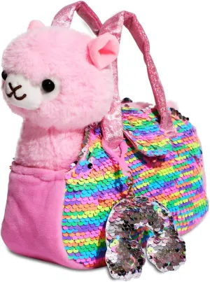 Little Jupiter Pet Plush Set with Purse w/Reversible Sequins & Charm - Stuffed Animal Toy for Kids Ages 4-7 - Stuffed Animal Purse - Stuffed Animals for Girls - (Pink Llama)