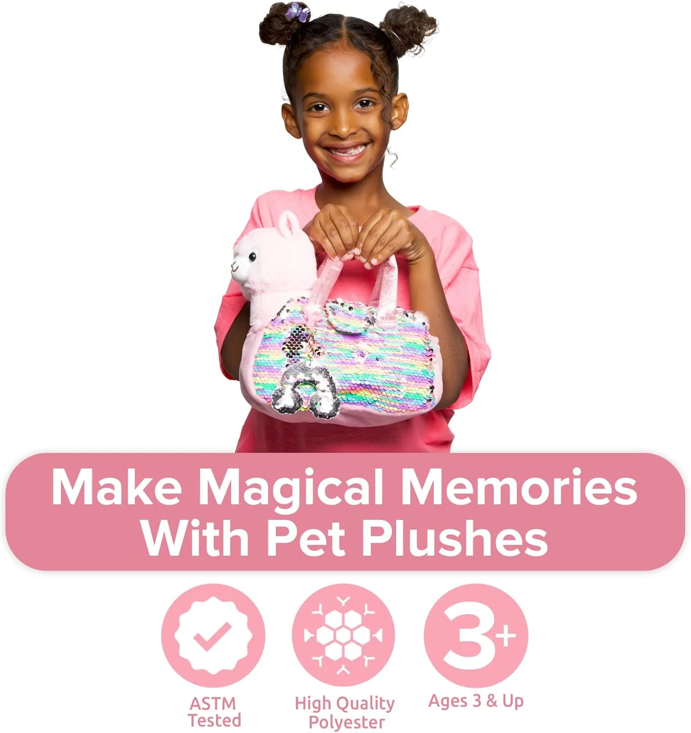 Little Jupiter Pet Plush Set with Purse w/Reversible Sequins & Charm - Stuffed Animal Toy for Kids Ages 4-7 - Stuffed Animal Purse - Stuffed Animals for Girls - (Pink Llama)