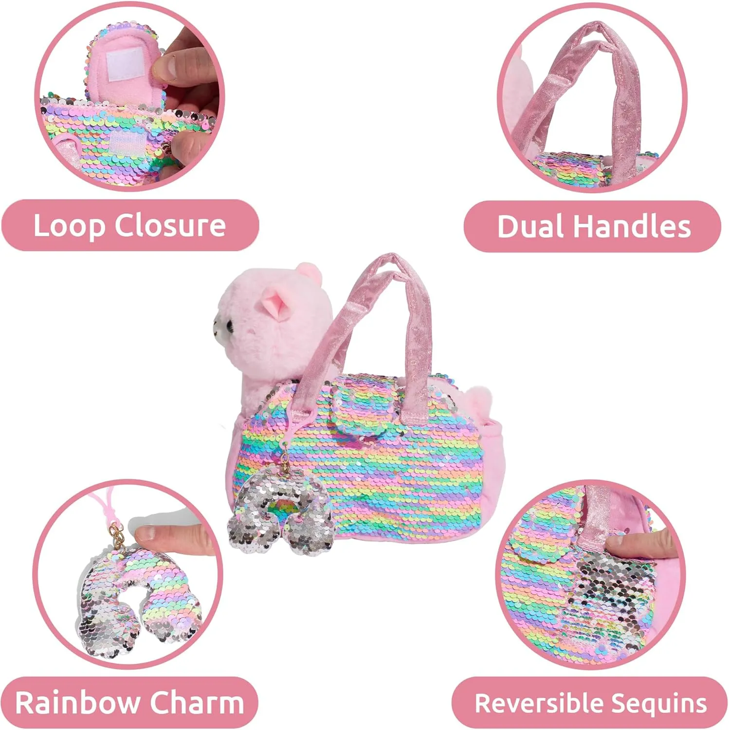 Little Jupiter Pet Plush Set with Purse w/Reversible Sequins & Charm - Stuffed Animal Toy for Kids Ages 4-7 - Stuffed Animal Purse - Stuffed Animals for Girls - (Pink Llama)
