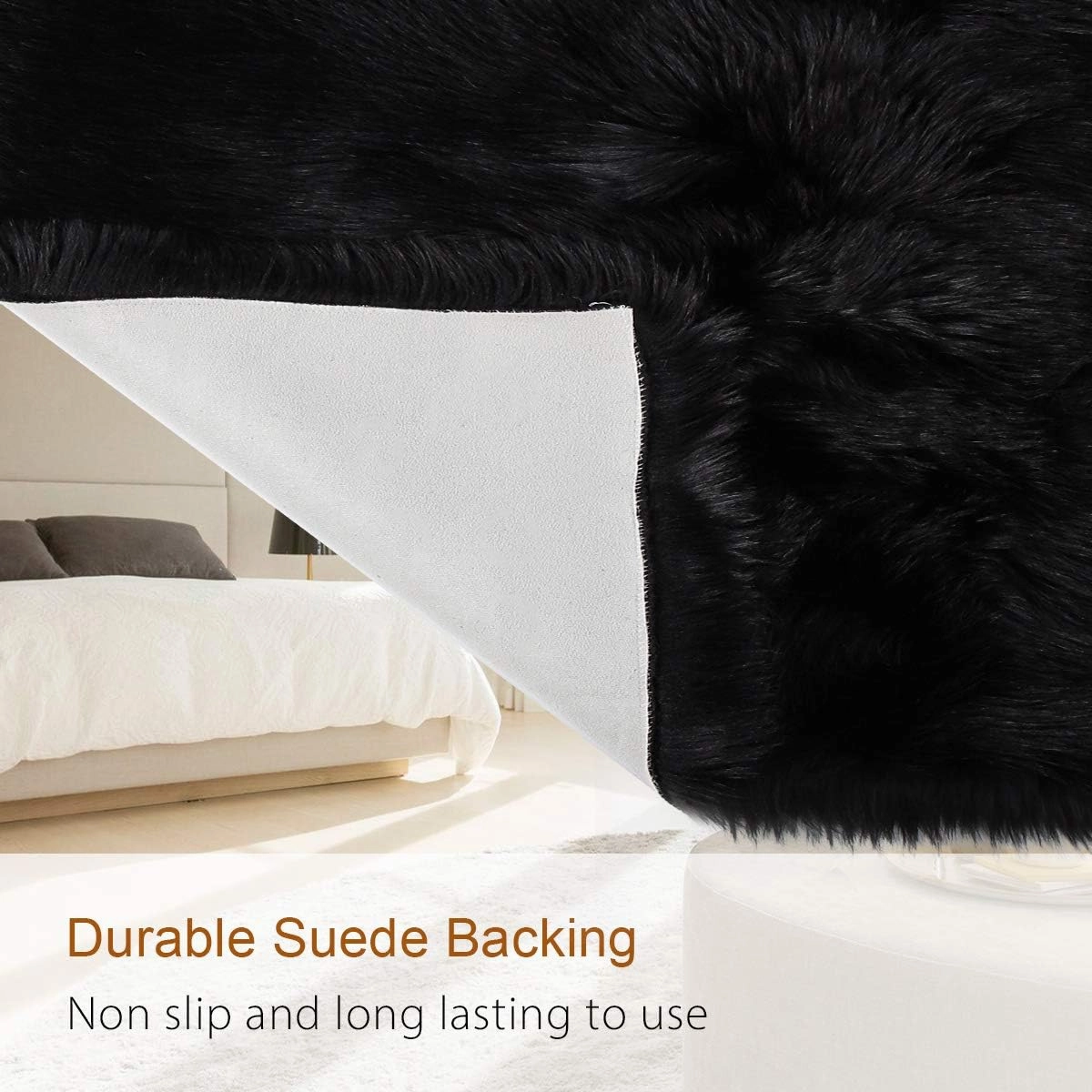 LOCHAS Deluxe Super Soft Fluffy Shaggy Home Decor Faux Sheepskin Rug for Bedroom Floor Sofa Chair, Chair Cover Seat Pad Couch Pad Area Carpet, 2ft x 3ft, Black
