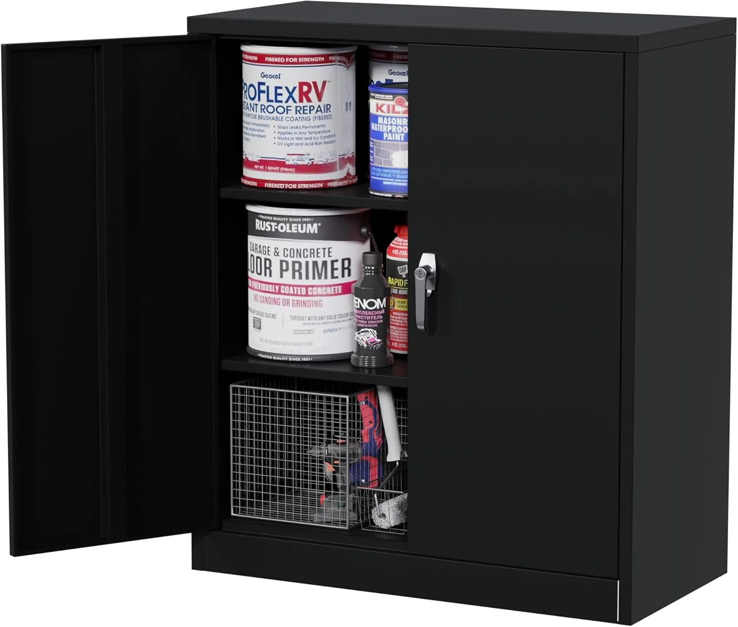 Lockable Metal Office File Cabinet with 2 Adjustable Shelves, Black Garage Storage Cabinet with Locking Dooor, Small Tool Cabinet, 41.6''H×36''W×18''D, Assembly Required