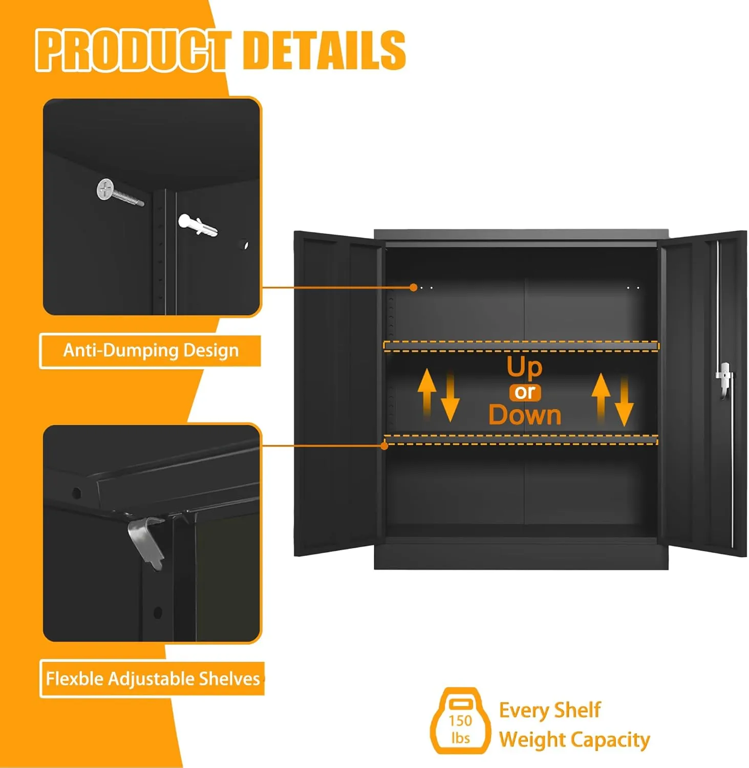 Lockable Metal Office File Cabinet with 2 Adjustable Shelves, Black Garage Storage Cabinet with Locking Dooor, Small Tool Cabinet, 41.6''H×36''W×18''D, Assembly Required