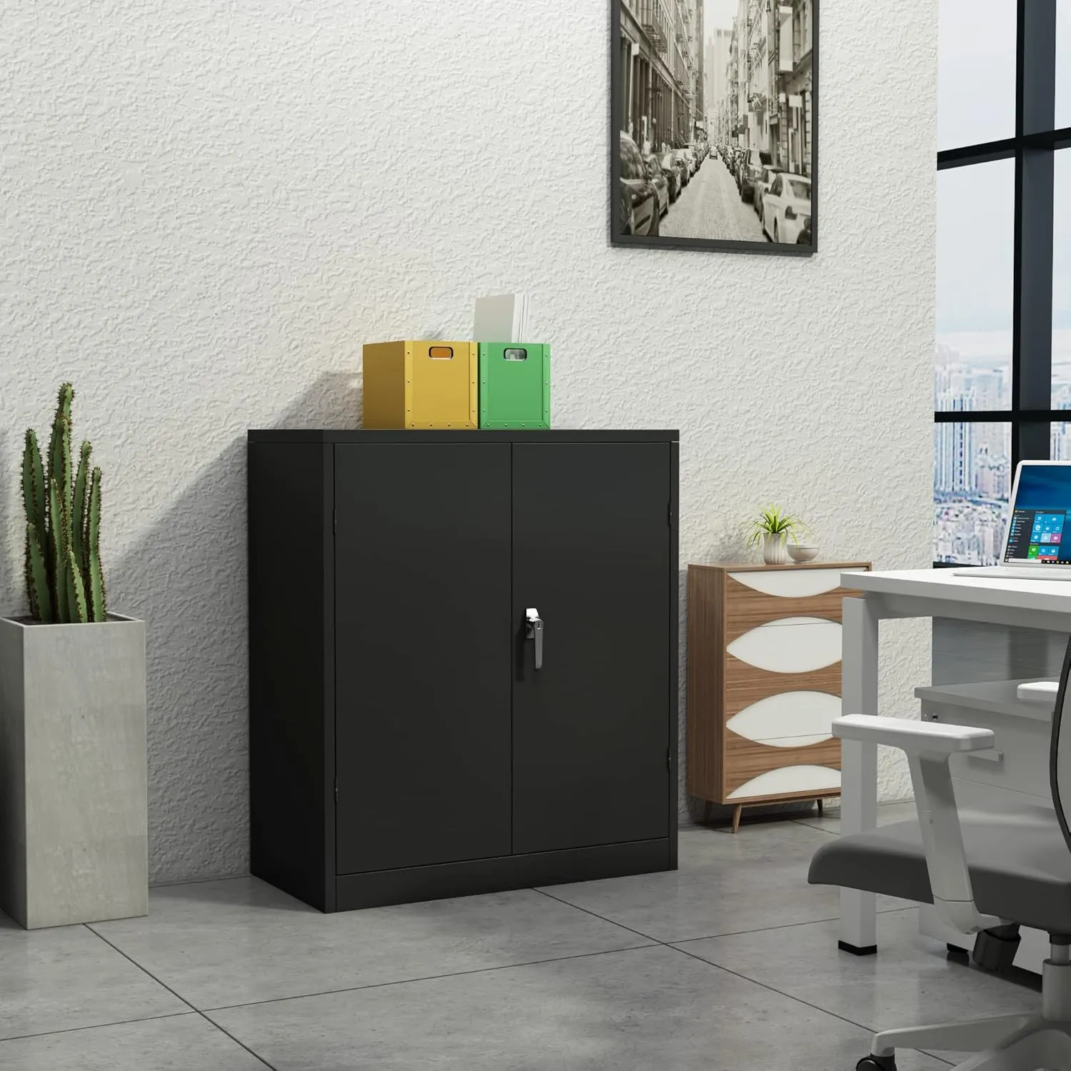 Lockable Metal Office File Cabinet with 2 Adjustable Shelves, Black Garage Storage Cabinet with Locking Dooor, Small Tool Cabinet, 41.6''H×36''W×18''D, Assembly Required