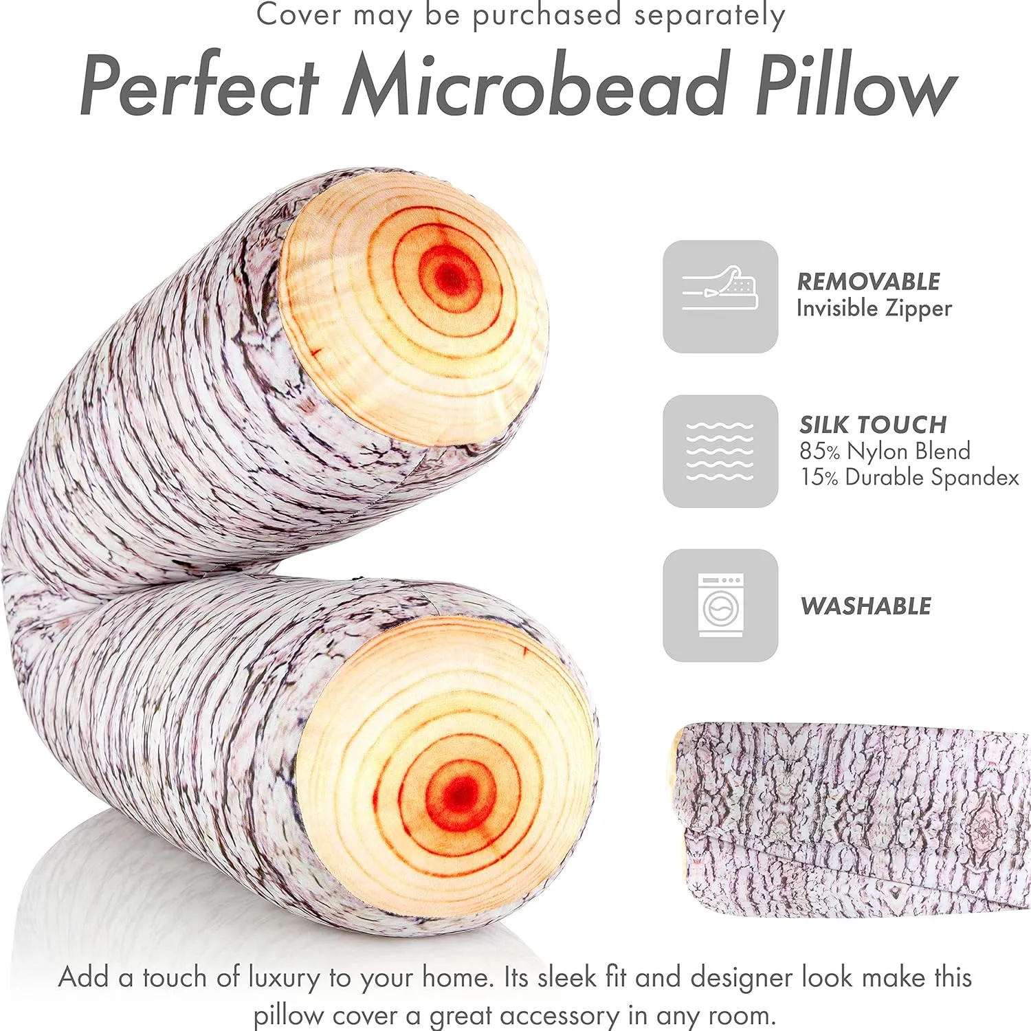 Log Tree Timber Microbead Body Pillow - Straight Long Pillows for Comfort or Use During Pregnancy- Spandex 85% / Nylon 15% - Spongy Cooling Hypoallergenic Outer Fabric - 50" X 8" - Side Sleepers