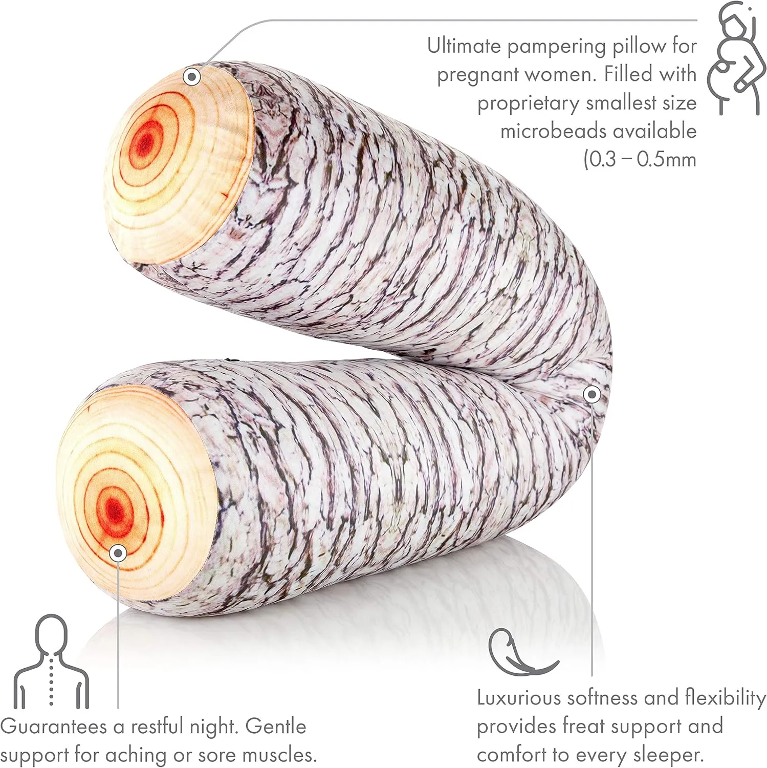Log Tree Timber Microbead Body Pillow - Straight Long Pillows for Comfort or Use During Pregnancy- Spandex 85% / Nylon 15% - Spongy Cooling Hypoallergenic Outer Fabric - 50" X 8" - Side Sleepers