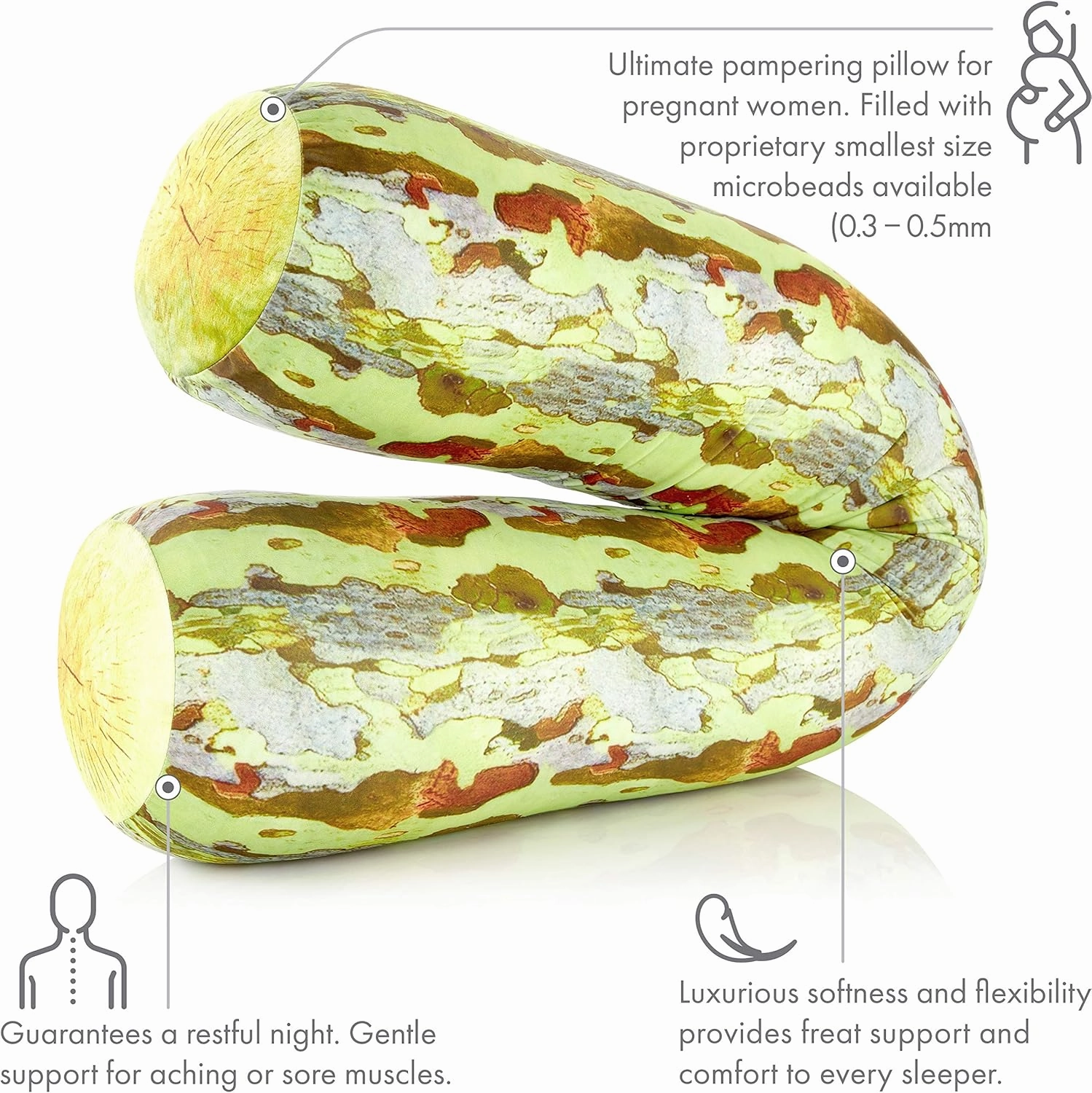 Log Tree Forest Microbead Body Pillow - Straight Long Pillows for Comfort or Use During Pregnancy- Spandex 85% / Nylon 15% - Spongy Cooling Hypoallergenic Outer Fabric - 50" X 8" - Side Sleepers