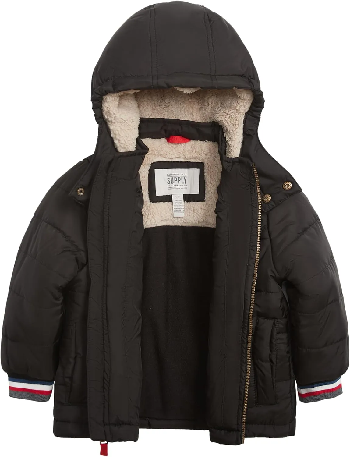 LONDON FOG Boys' Heavyweight Winter Puffer Coat with Sherpa-Lined Hood and Chest Pockets