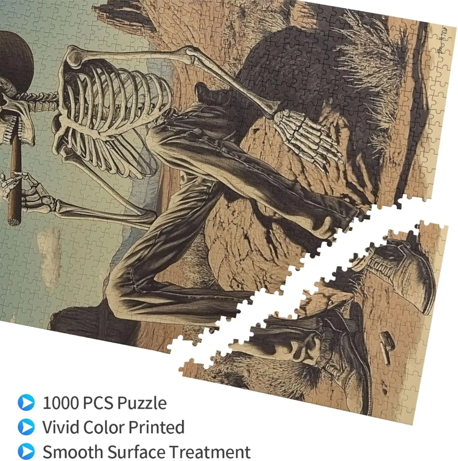 Lone Skeleton Cowboy Sitting in Desert Sunset,1000 Piece Wooden Puzzle for Adults,Haunting Western Artwork,Brain Training Challenge,Stress Relief Activity,eco-Friendly woodens Pieces