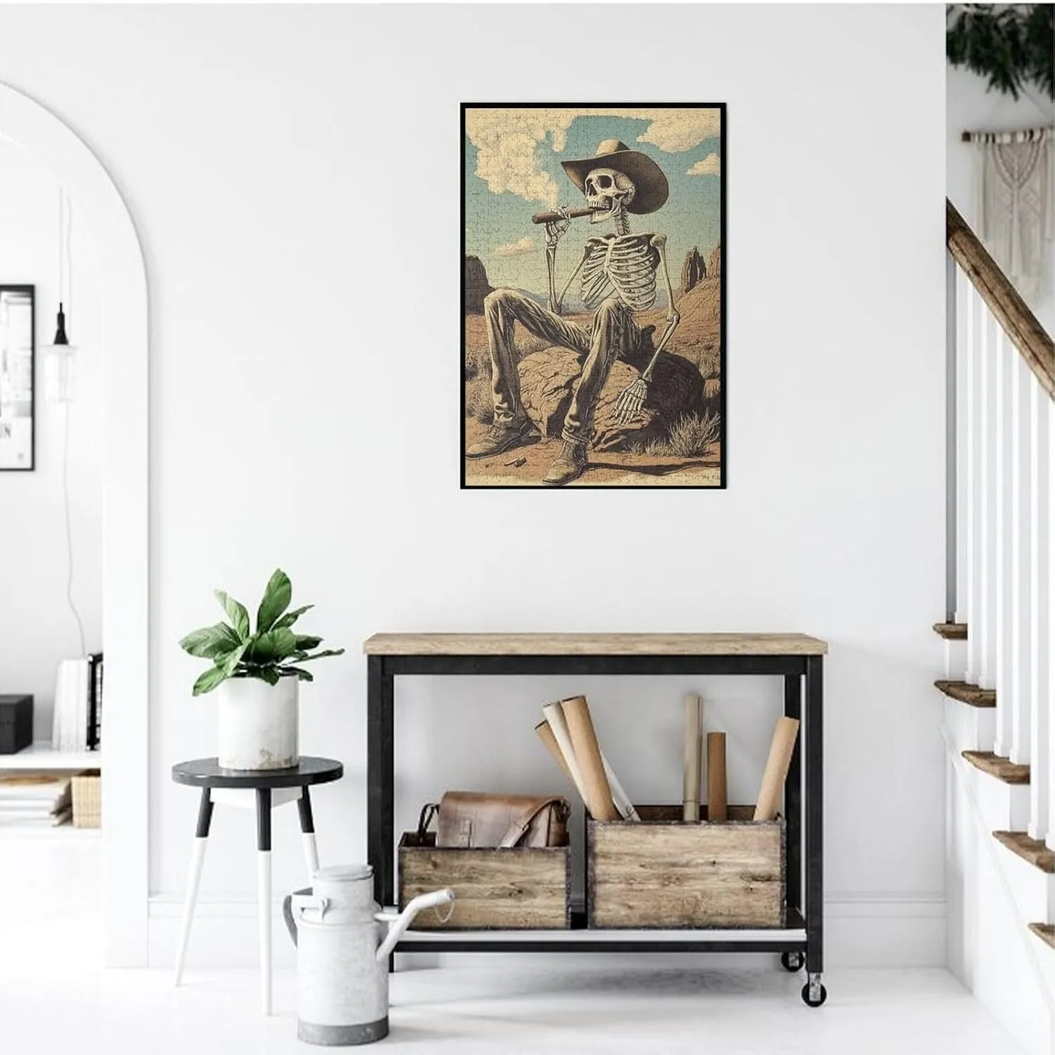 Lone Skeleton Cowboy Sitting in Desert Sunset,1000 Piece Wooden Puzzle for Adults,Haunting Western Artwork,Brain Training Challenge,Stress Relief Activity,eco-Friendly woodens Pieces