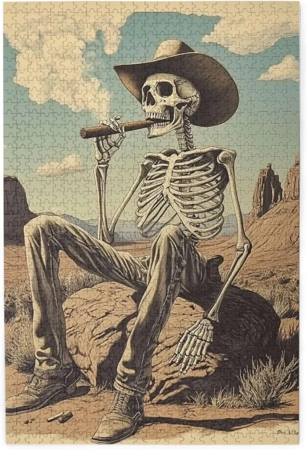 Lone Skeleton Cowboy Sitting in Desert Sunset,1000 Piece Wooden Puzzle for Adults,Haunting Western Artwork,Brain Training Challenge,Stress Relief Activity,eco-Friendly woodens Pieces