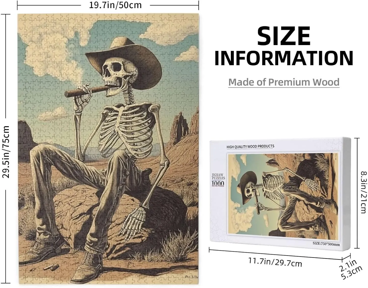 Lone Skeleton Cowboy Sitting in Desert Sunset,1000 Piece Wooden Puzzle for Adults,Haunting Western Artwork,Brain Training Challenge,Stress Relief Activity,eco-Friendly woodens Pieces