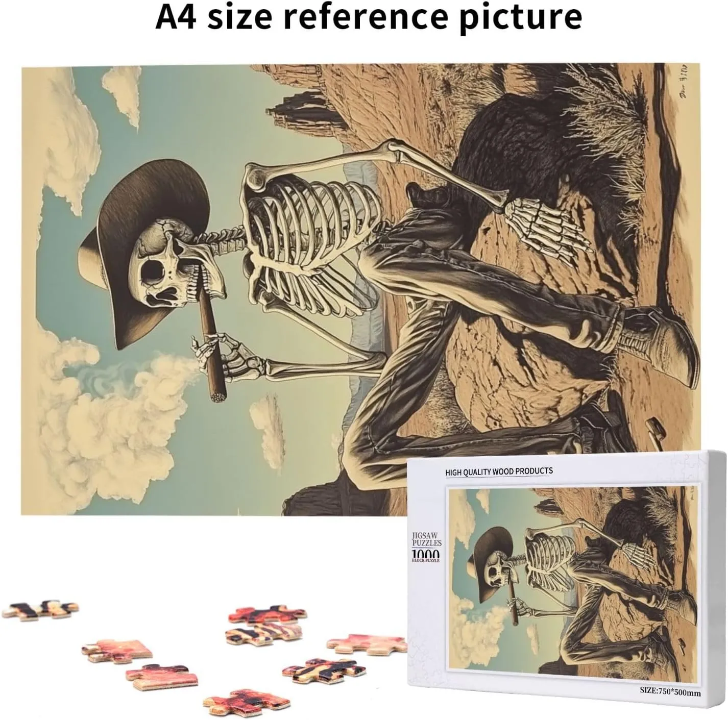 Lone Skeleton Cowboy Sitting in Desert Sunset,1000 Piece Wooden Puzzle for Adults,Haunting Western Artwork,Brain Training Challenge,Stress Relief Activity,eco-Friendly woodens Pieces