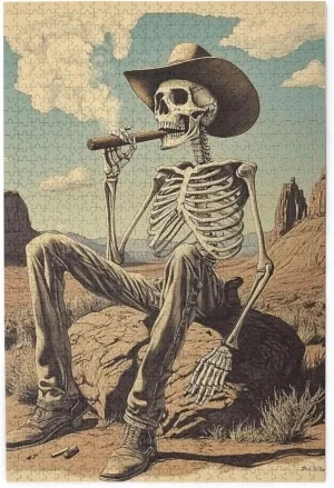 Lone Skeleton Cowboy Sitting in Desert Sunset,1000 Piece Wooden Puzzle for Adults,Haunting Western Artwork,Brain Training Challenge,Stress Relief Activity,eco-Friendly woodens Pieces