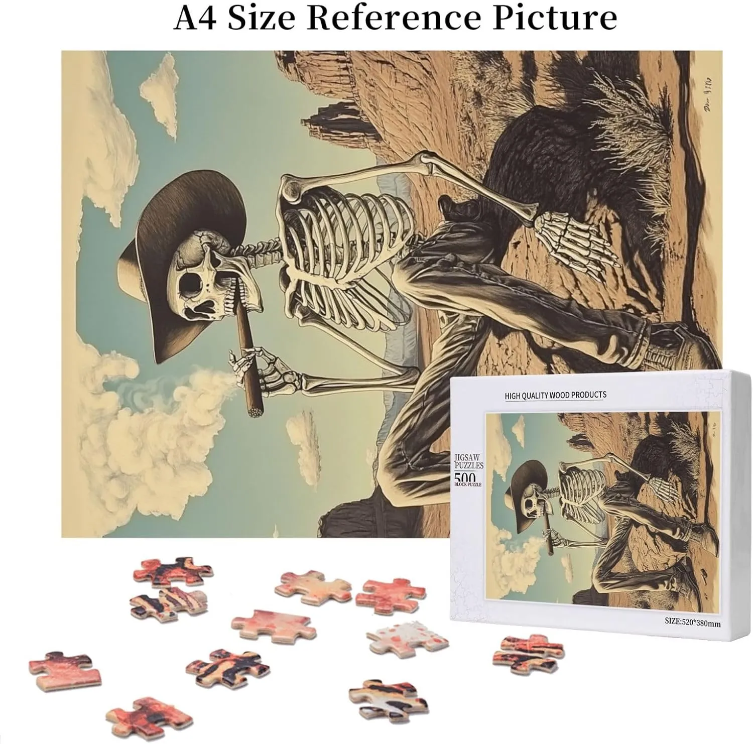 Lone Skeleton Cowboy Sitting in Desert Sunset,500 Piece Wooden Puzzle for Adults,Haunting Western Artwork,Brain Training Challenge,Stress Relief Activity,eco-Friendly woodens Pieces