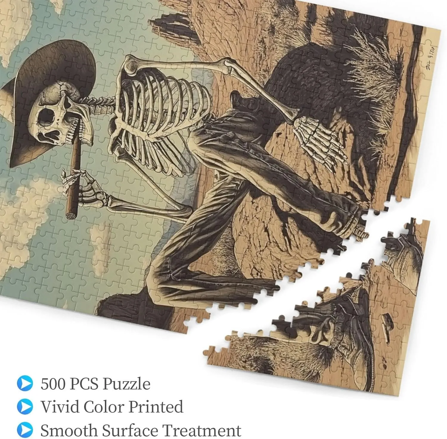 Lone Skeleton Cowboy Sitting in Desert Sunset,500 Piece Wooden Puzzle for Adults,Haunting Western Artwork,Brain Training Challenge,Stress Relief Activity,eco-Friendly woodens Pieces