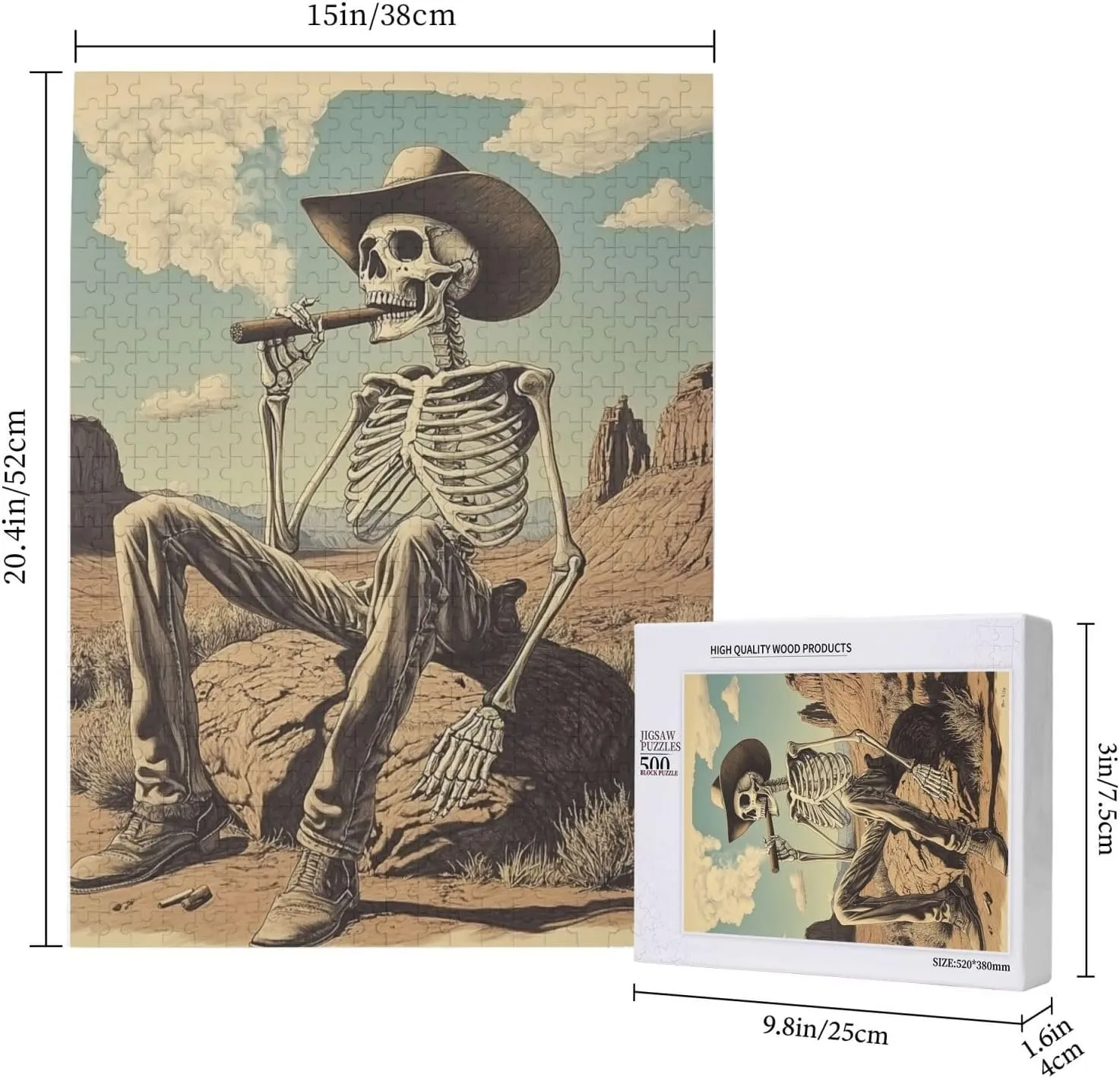 Lone Skeleton Cowboy Sitting in Desert Sunset,500 Piece Wooden Puzzle for Adults,Haunting Western Artwork,Brain Training Challenge,Stress Relief Activity,eco-Friendly woodens Pieces
