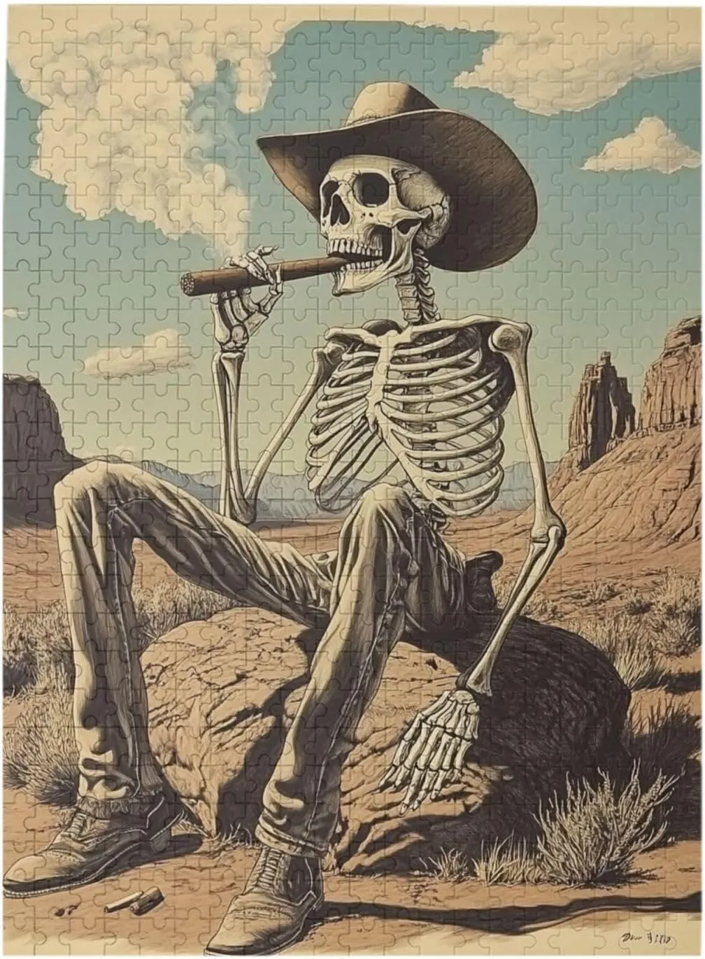 Lone Skeleton Cowboy Sitting in Desert Sunset,500 Piece Wooden Puzzle for Adults,Haunting Western Artwork,Brain Training Challenge,Stress Relief Activity,eco-Friendly woodens Pieces